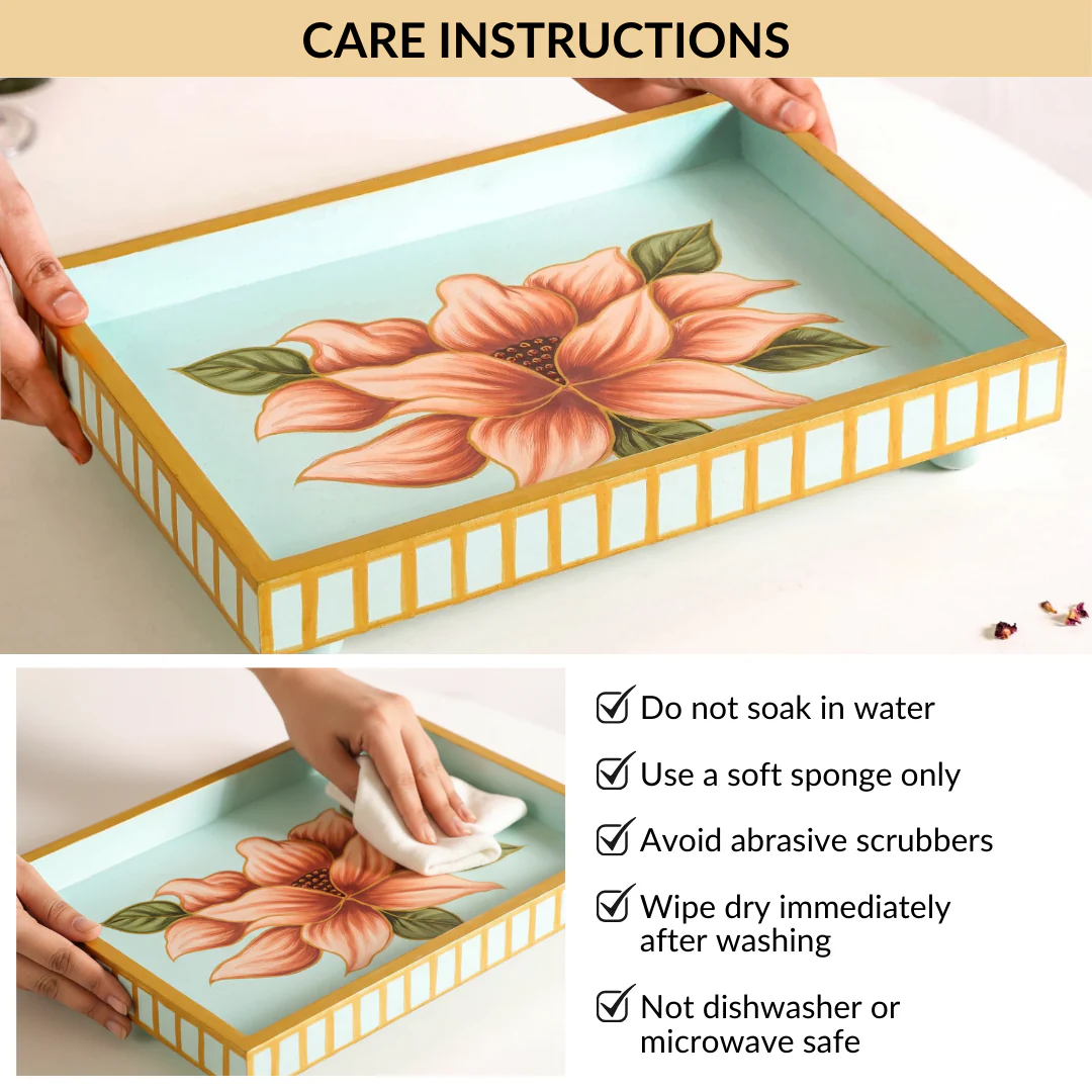 Lotus Royale Hand Painted Rectangular Mango Wood Tray - Image 7