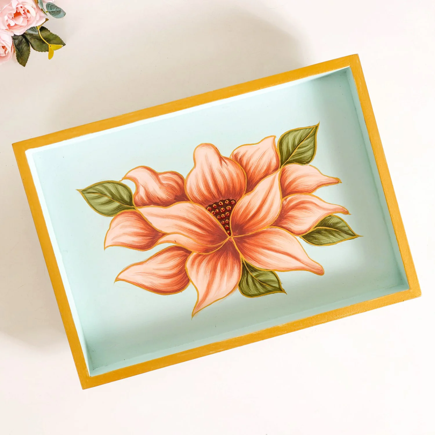 Lotus Royale Hand Painted Rectangular Mango Wood Tray - Image 8