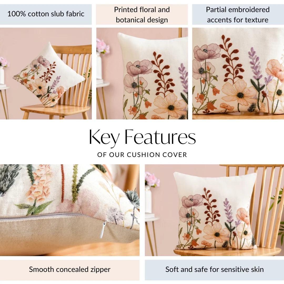 Lush Botanica Embroidered Cotton Slub Cushion Cover 40x40cm - Image 4