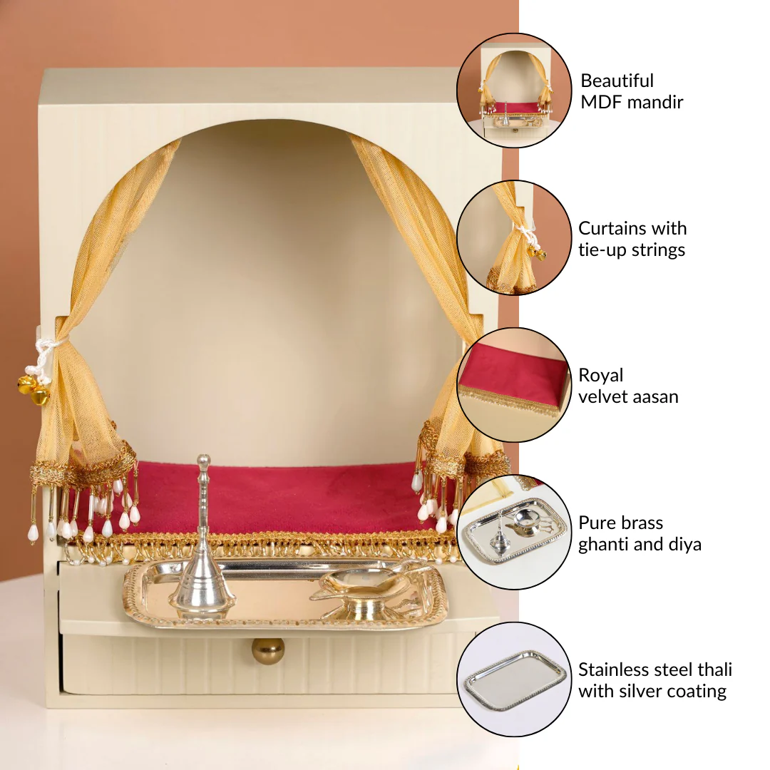 Mahima Pooja Mandir Small With Aasan Puja Thali And Curtain Set - Image 5