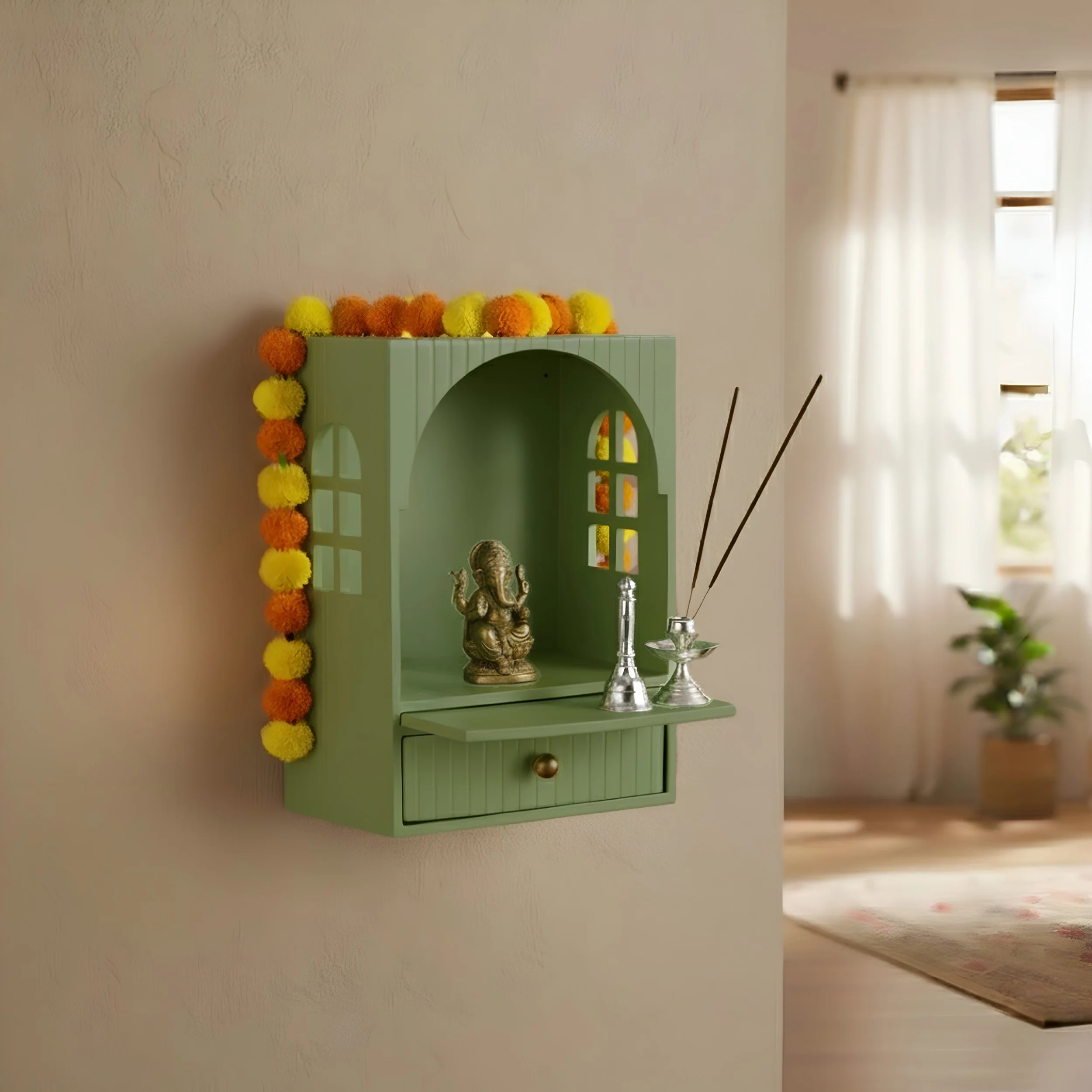 Mahima Wall Mountable Pooja Mandir Green Small 23x13x31cm - Image 10