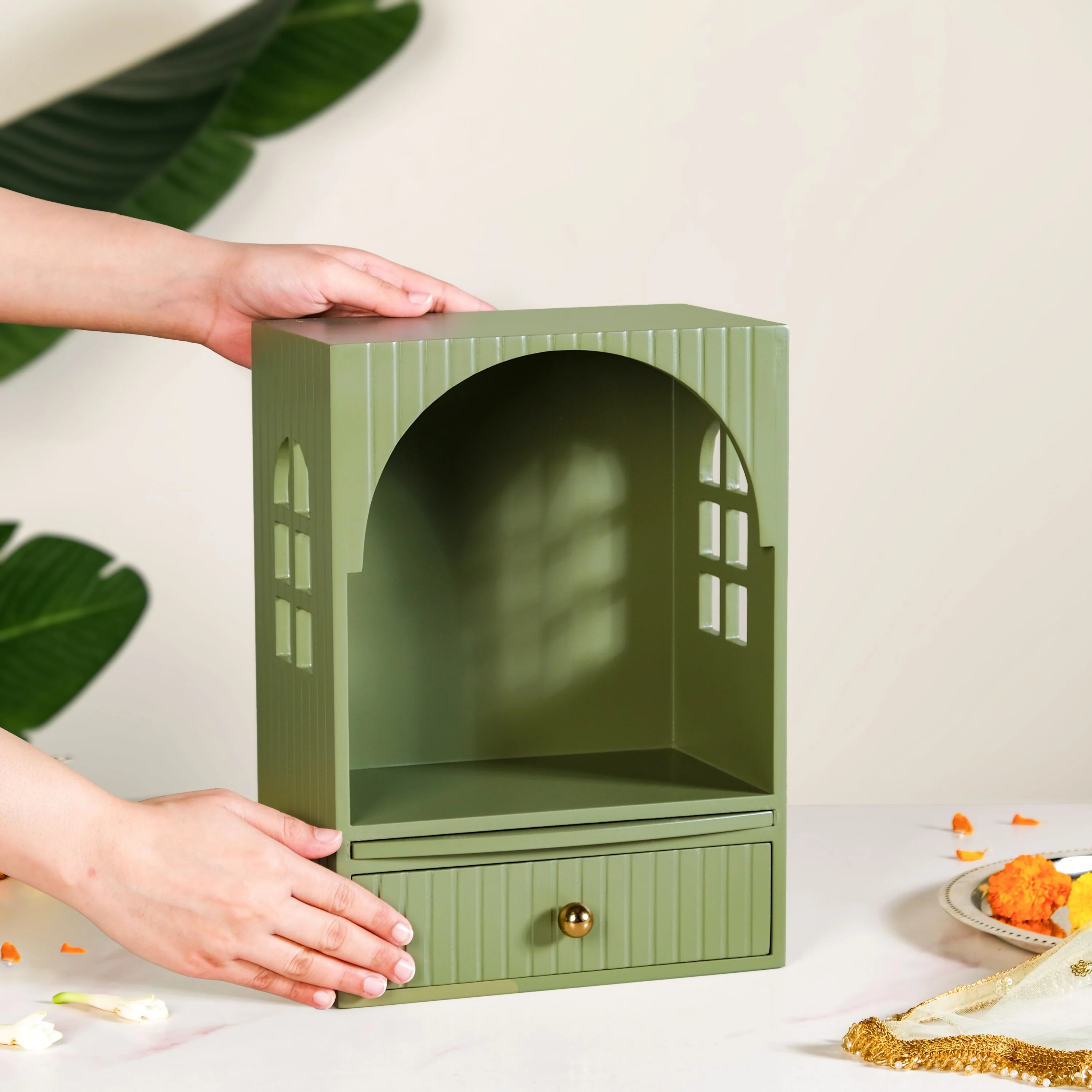 Mahima Wall Mountable Pooja Mandir Green Small 23x13x31cm - Image 3