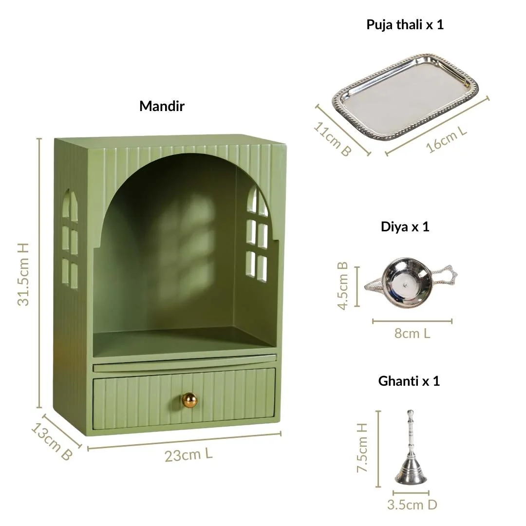 Mahima Wall Mountable Pooja Mandir Small With Aasan Thali And Curtain Set - Image 4