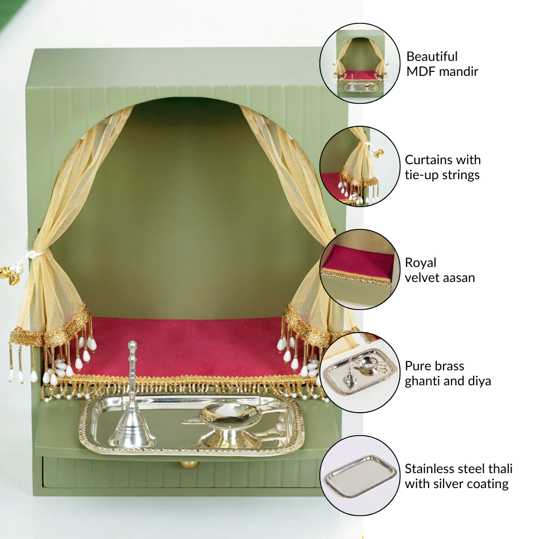 Mahima Wall Mountable Pooja Mandir Small With Aasan Thali And Curtain Set - Image 5