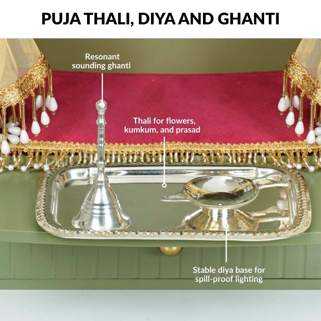 Mahima Wall Mountable Pooja Mandir Small With Aasan Thali And Curtain Set - Image 7