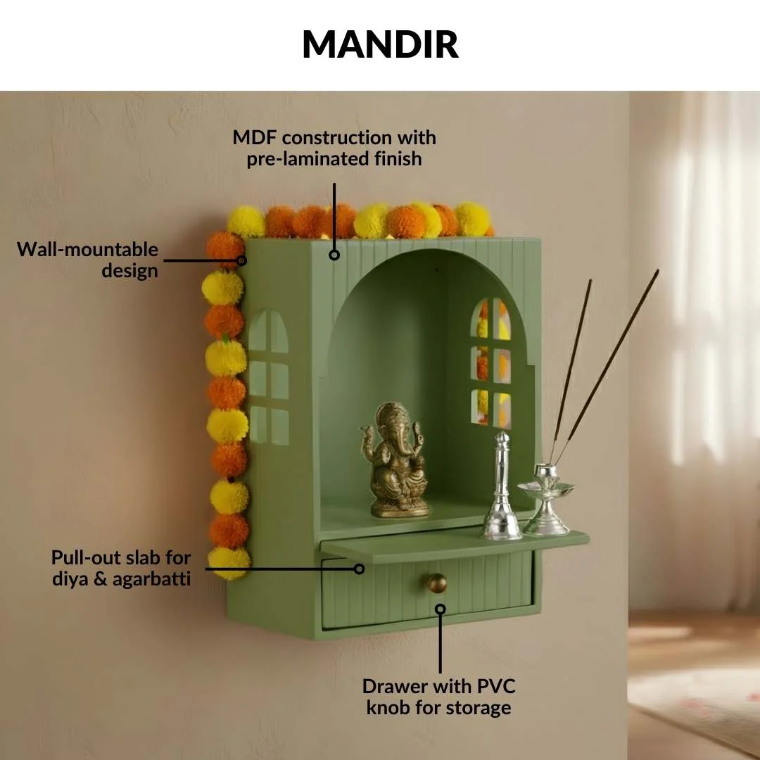 Mahima Wall Mountable Pooja Mandir Small With Aasan Thali And Curtain Set - Image 9