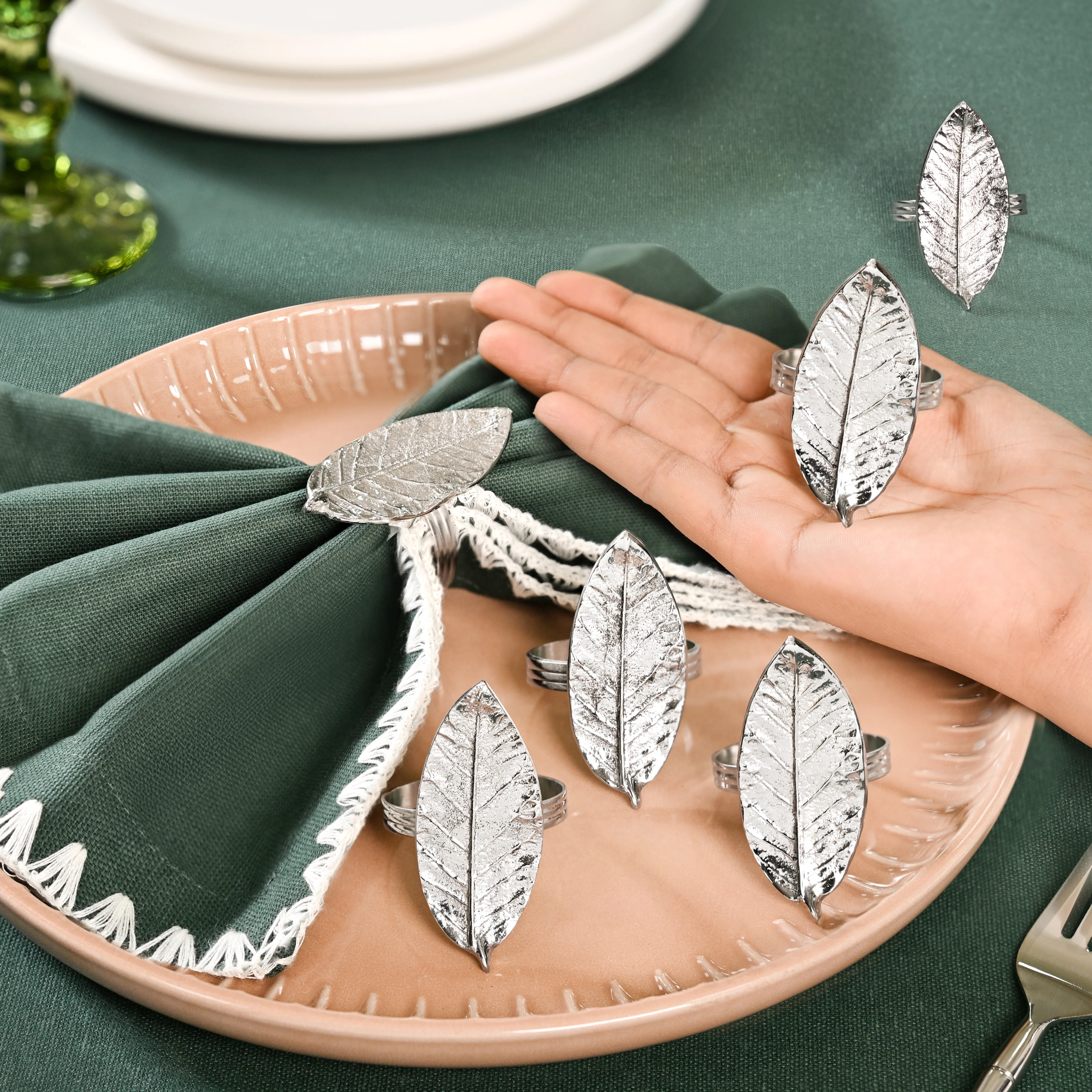 Mango Leaf Pure Brass Napkin Ring Set Of 6 Silver - Image 2