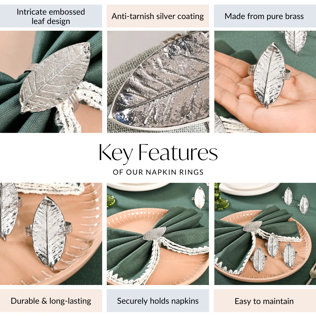 Mango Leaf Pure Brass Napkin Ring Set Of 6 Silver - Image 4