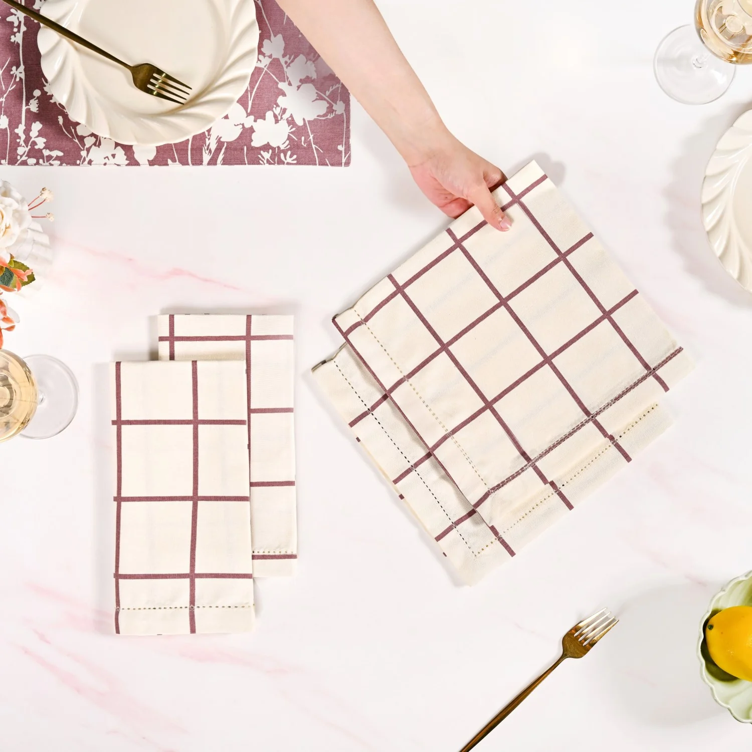 Mauve Grid Cotton Table Napkin Set Of 4 - Image 3
