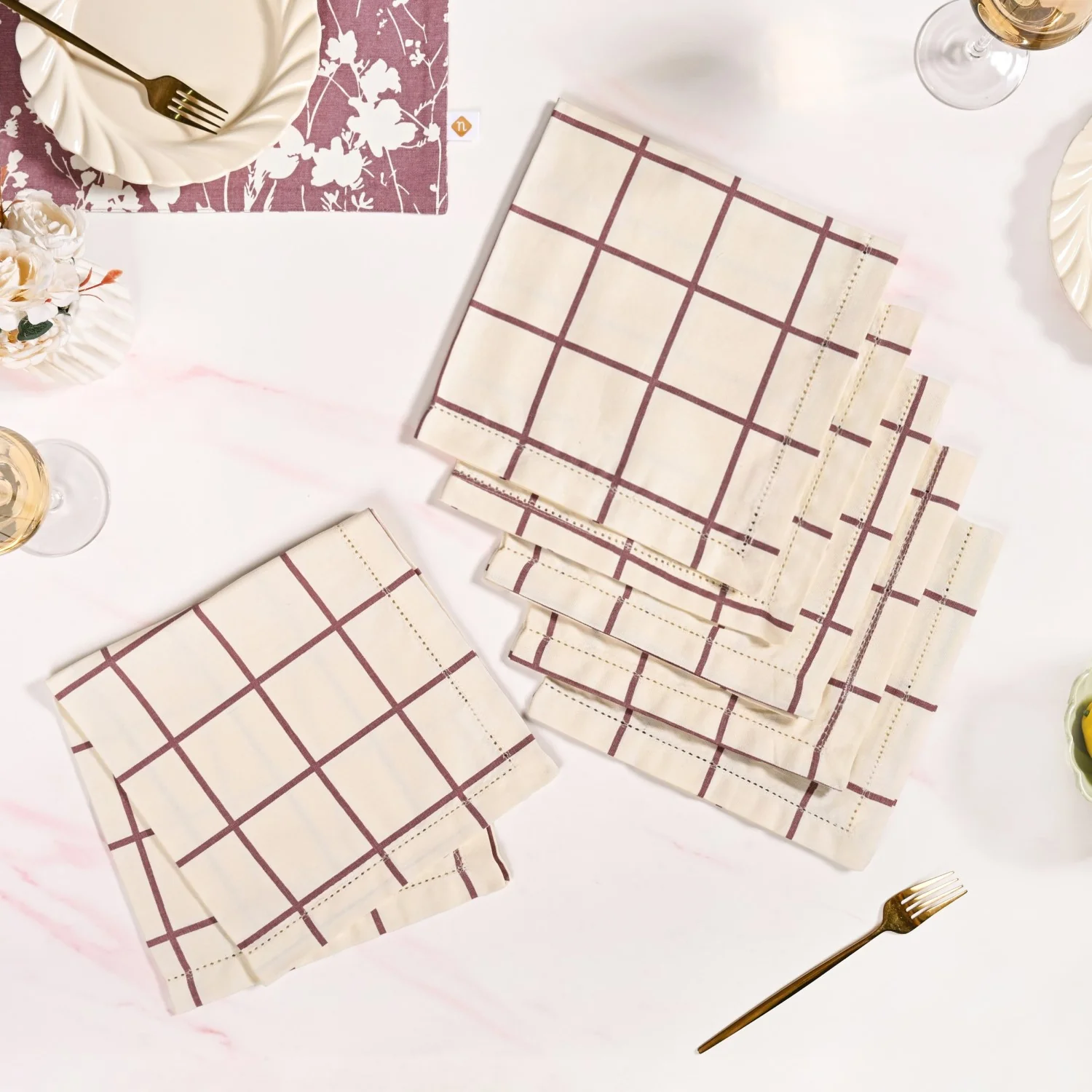 Mauve Grid Pure Cotton Table Napkin Set Of 6 - Image 3