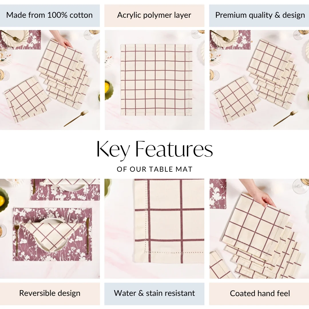 Mauve Grid Pure Cotton Table Napkin Set Of 6 - Image 5