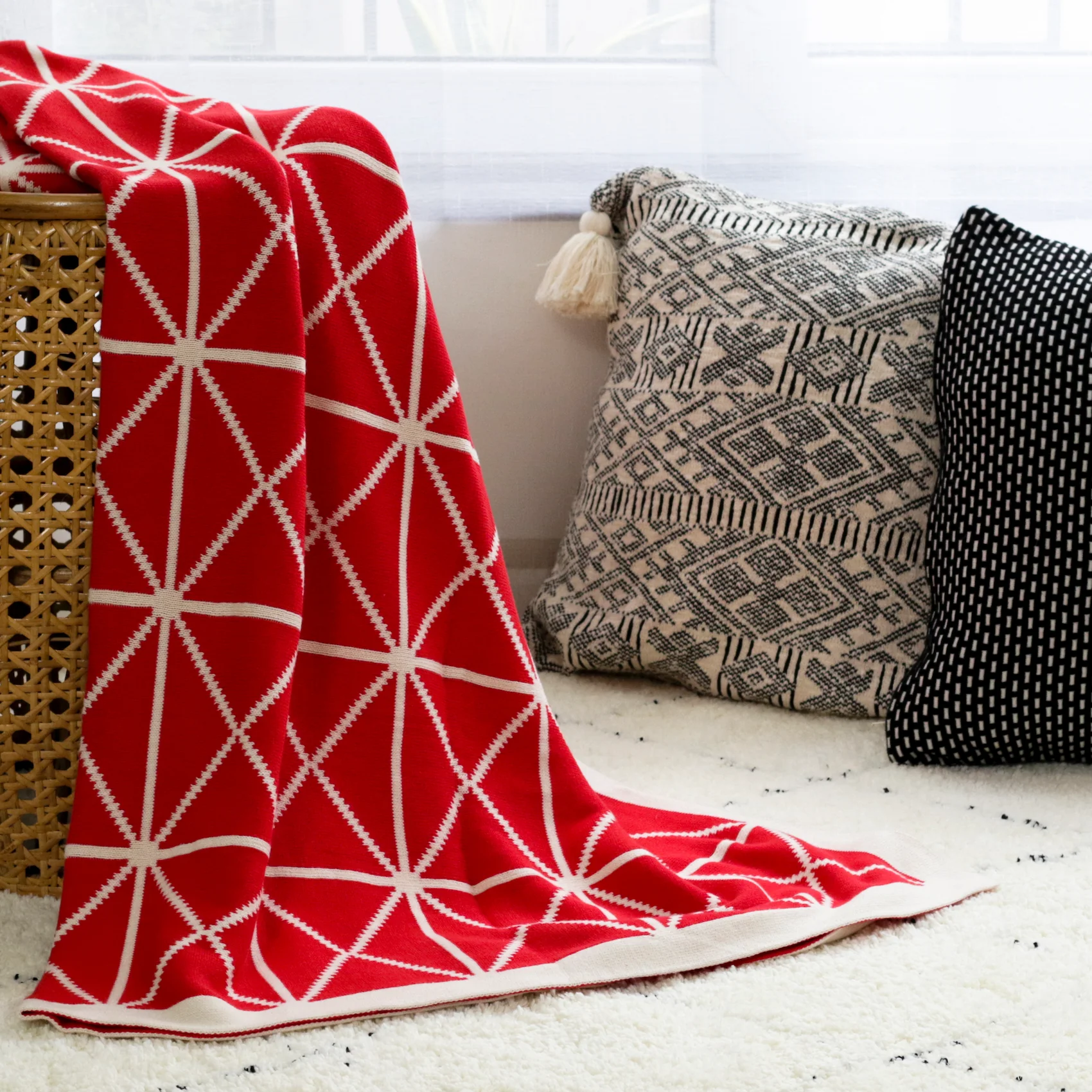 MERRY Double Sided Pattern Knitted Throw Blanket - Crimson, Cream - Image 3