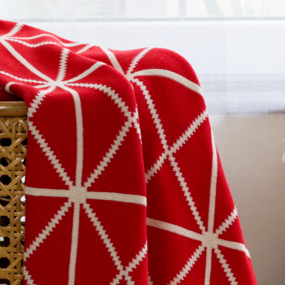 MERRY Double Sided Pattern Knitted Throw Blanket - Crimson, Cream - Image 5