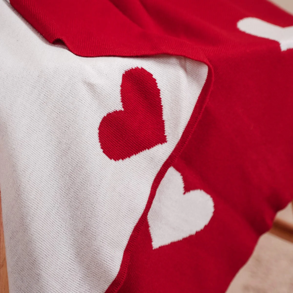 MERRY Heart Double Sided Knitted Throw Blanket - Red, Cream - Image 6