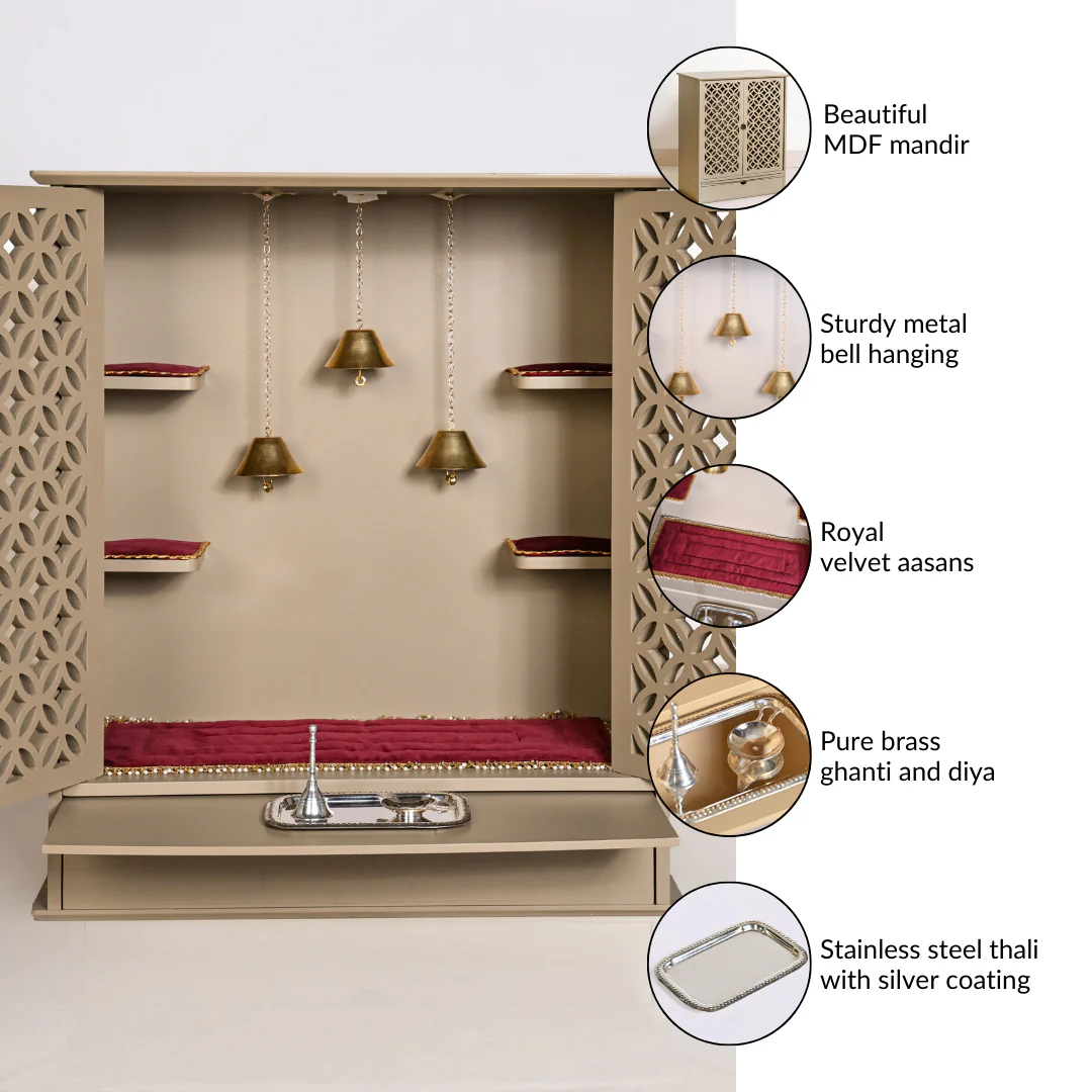 Minimalist Puja Mandir Large With Puja Thali Aasan And Ghanti - Image 5
