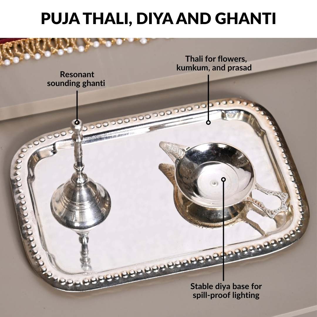 Minimalist Puja Mandir Large With Puja Thali Aasan And Ghanti - Image 8