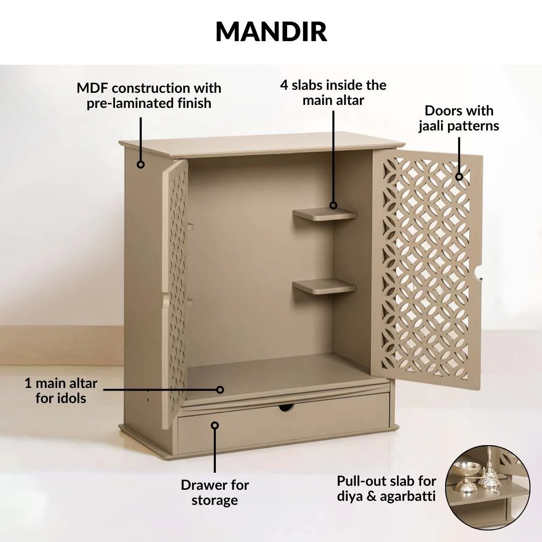 Minimalist Puja Mandir Large With Puja Thali Aasan And Ghanti - Image 9