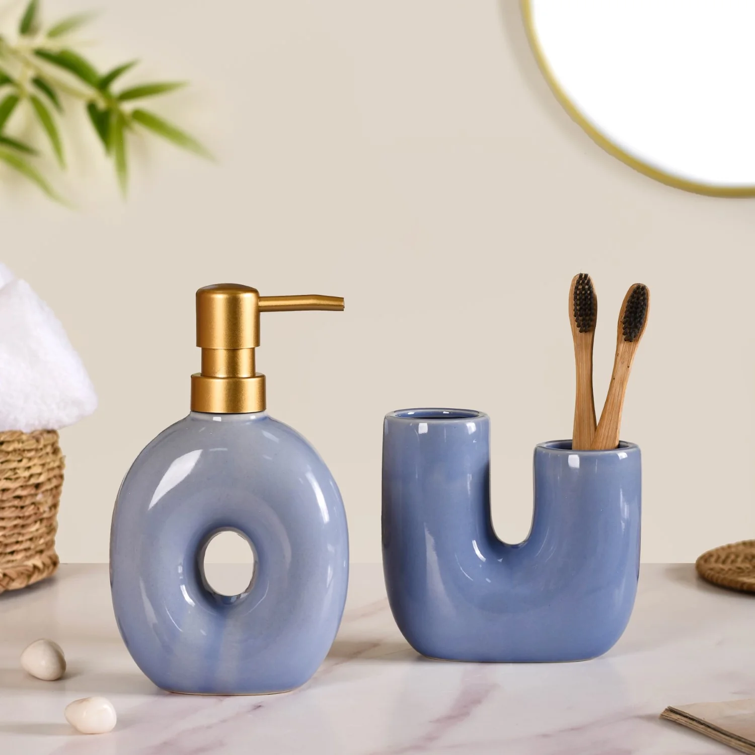 Modern Ceramic Bath Set of 2 Blue - Image 3
