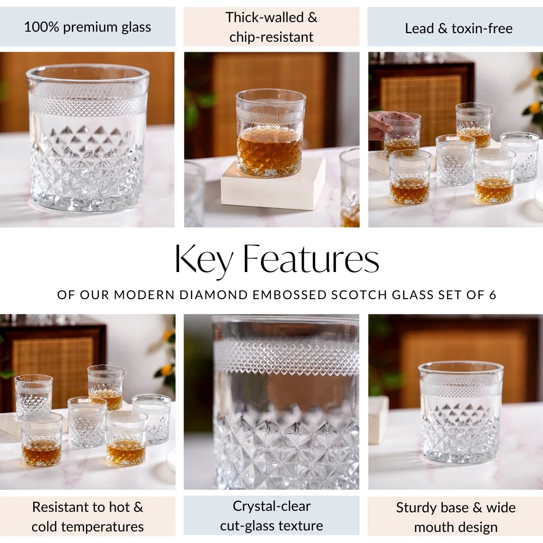 Modern Diamond Embossed Scotch Glass Large Set Of 6 310ml - Image 6