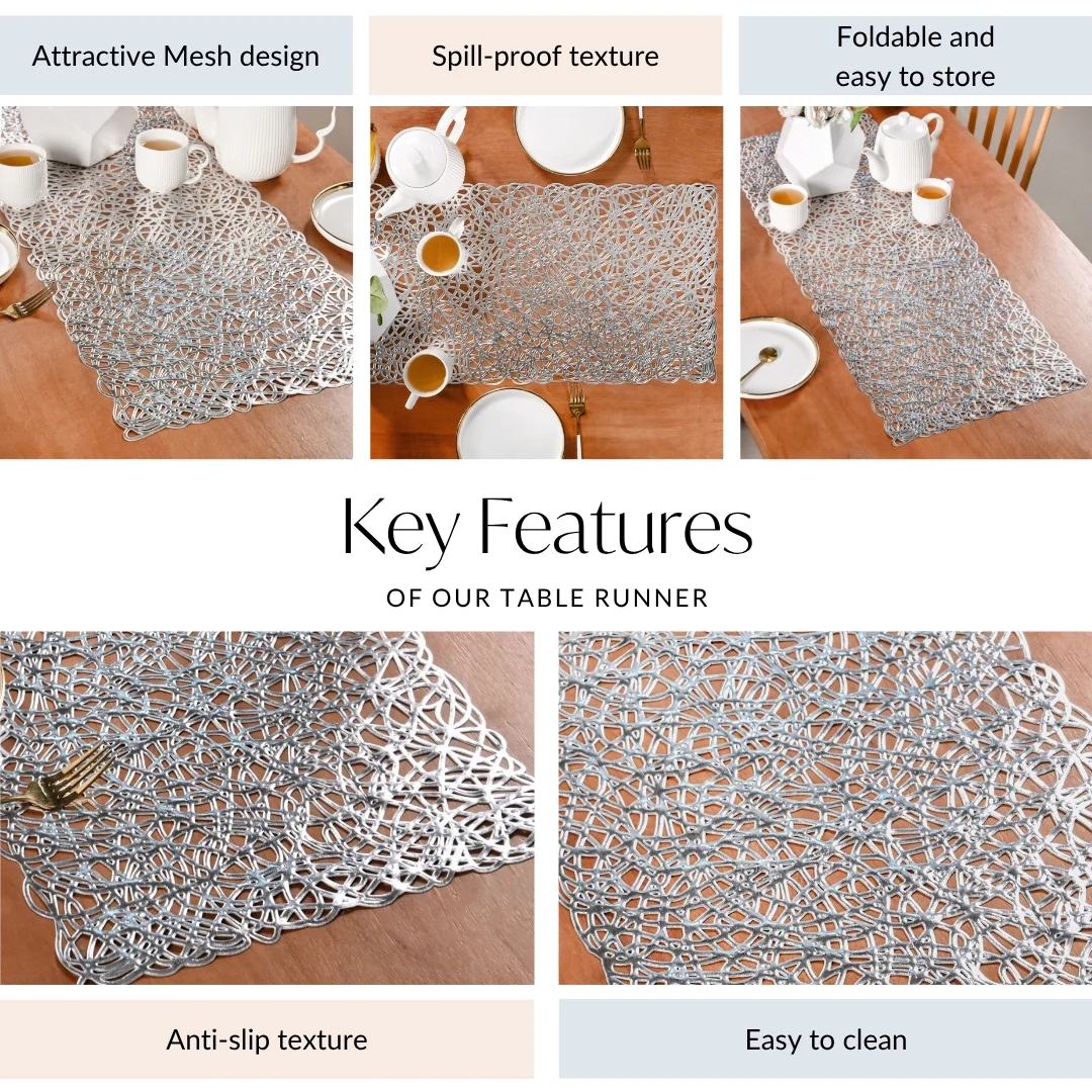 Modern Laser Cut Style Silver Table Runner Silver 92x35cm - Image 4