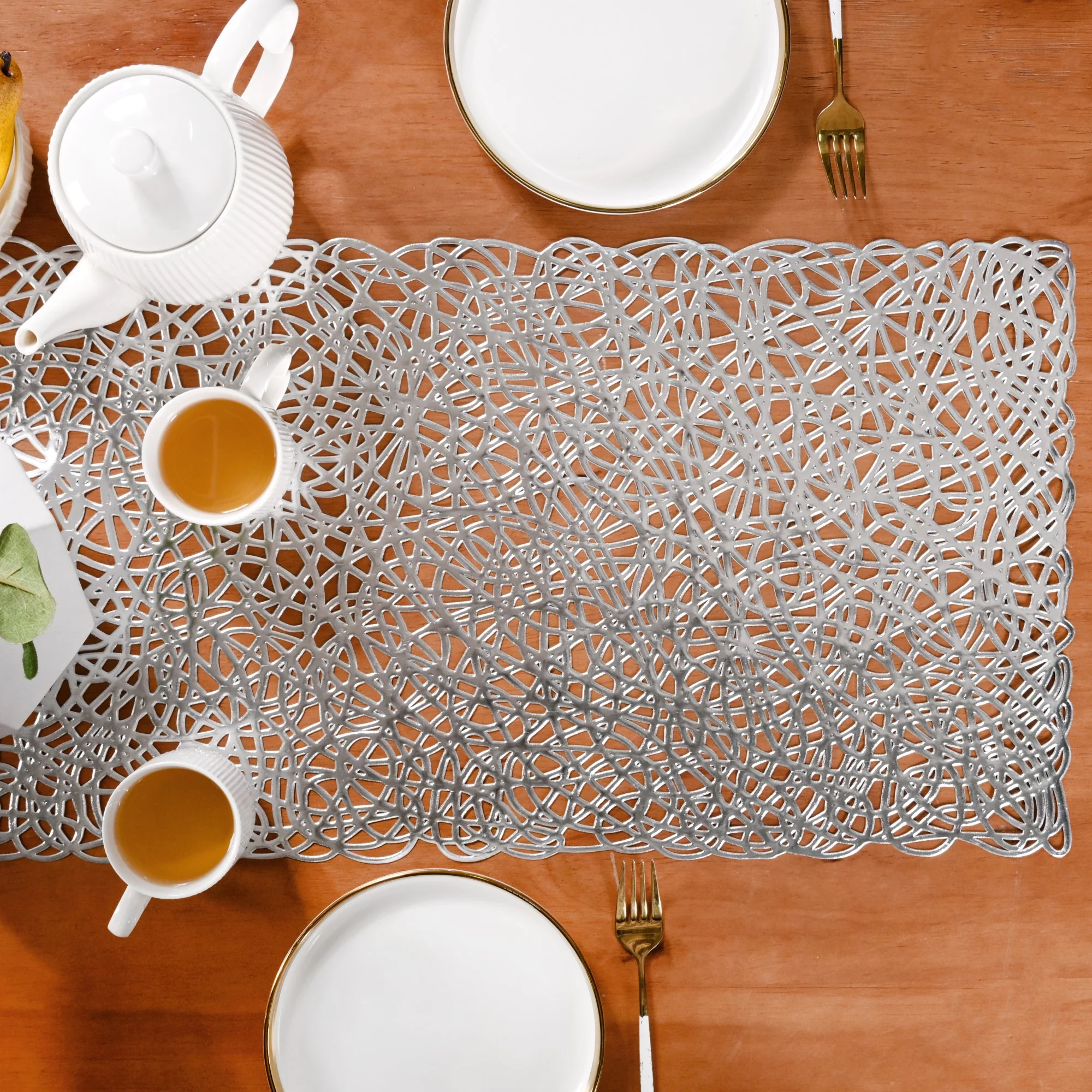 Modern Laser Cut Style Silver Table Runner Silver 92x35cm - Image 6