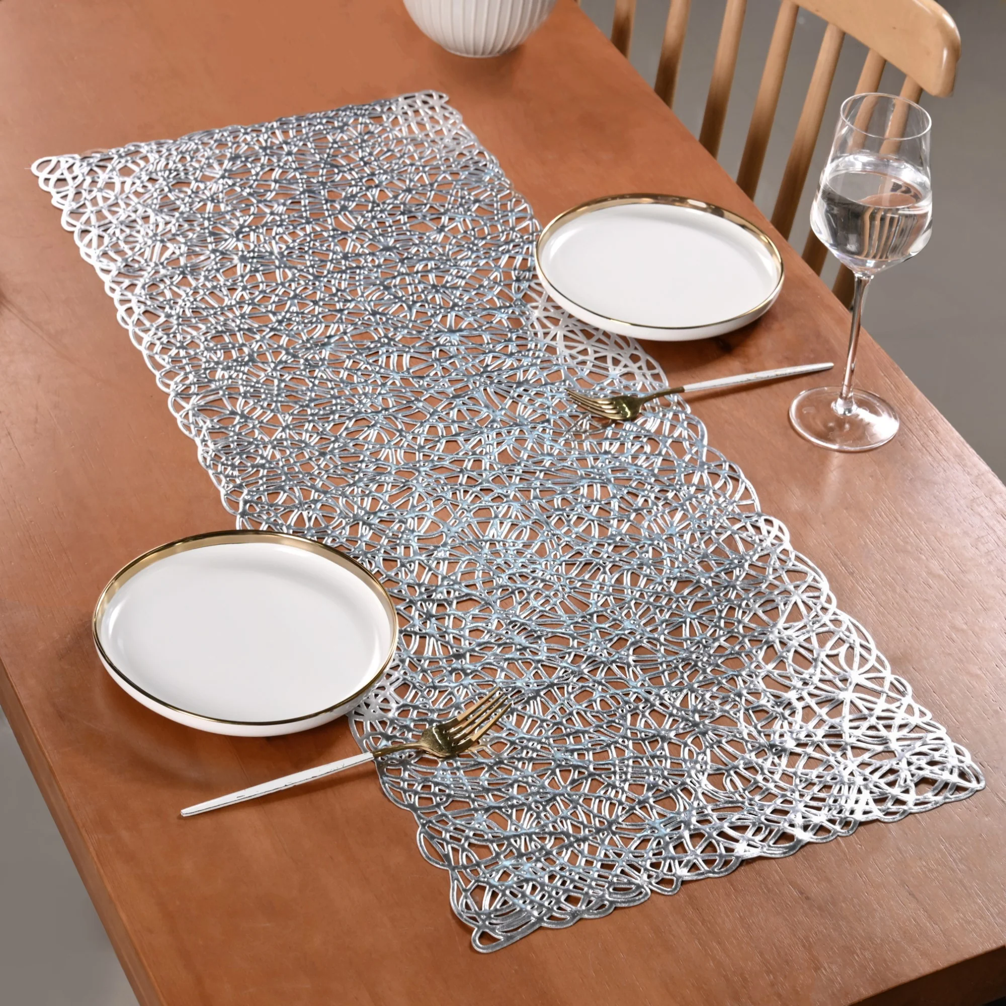 Modern Laser Cut Style Silver Table Runner Silver 92x35cm - Image 7