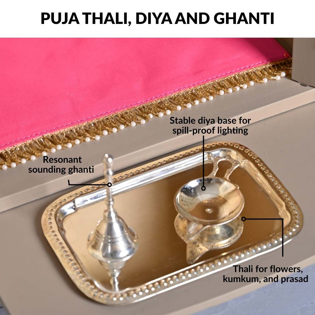 Modern Puja Mandir Medium With Ghungroo Chain Aasan Puja Thali Diya And Ghanti Set - Image 7