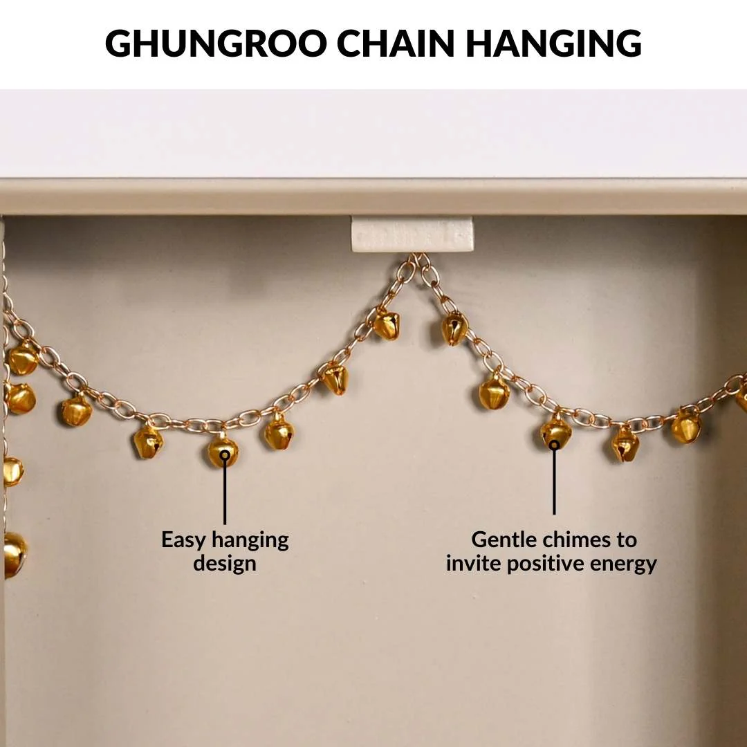 Modern Puja Mandir Medium With Ghungroo Chain Aasan Puja Thali Diya And Ghanti Set - Image 8