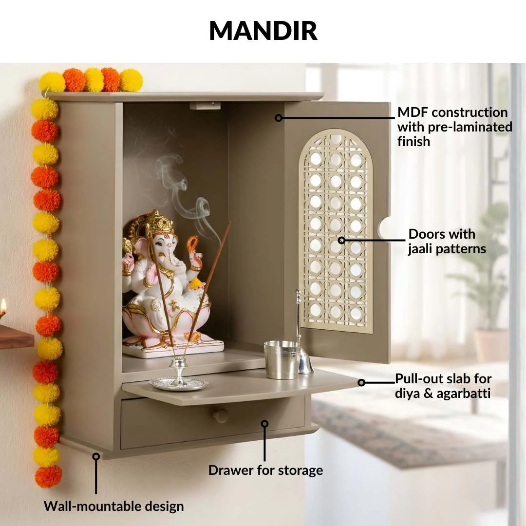 Modern Puja Mandir Medium With Ghungroo Chain Aasan Puja Thali Diya And Ghanti Set - Image 9