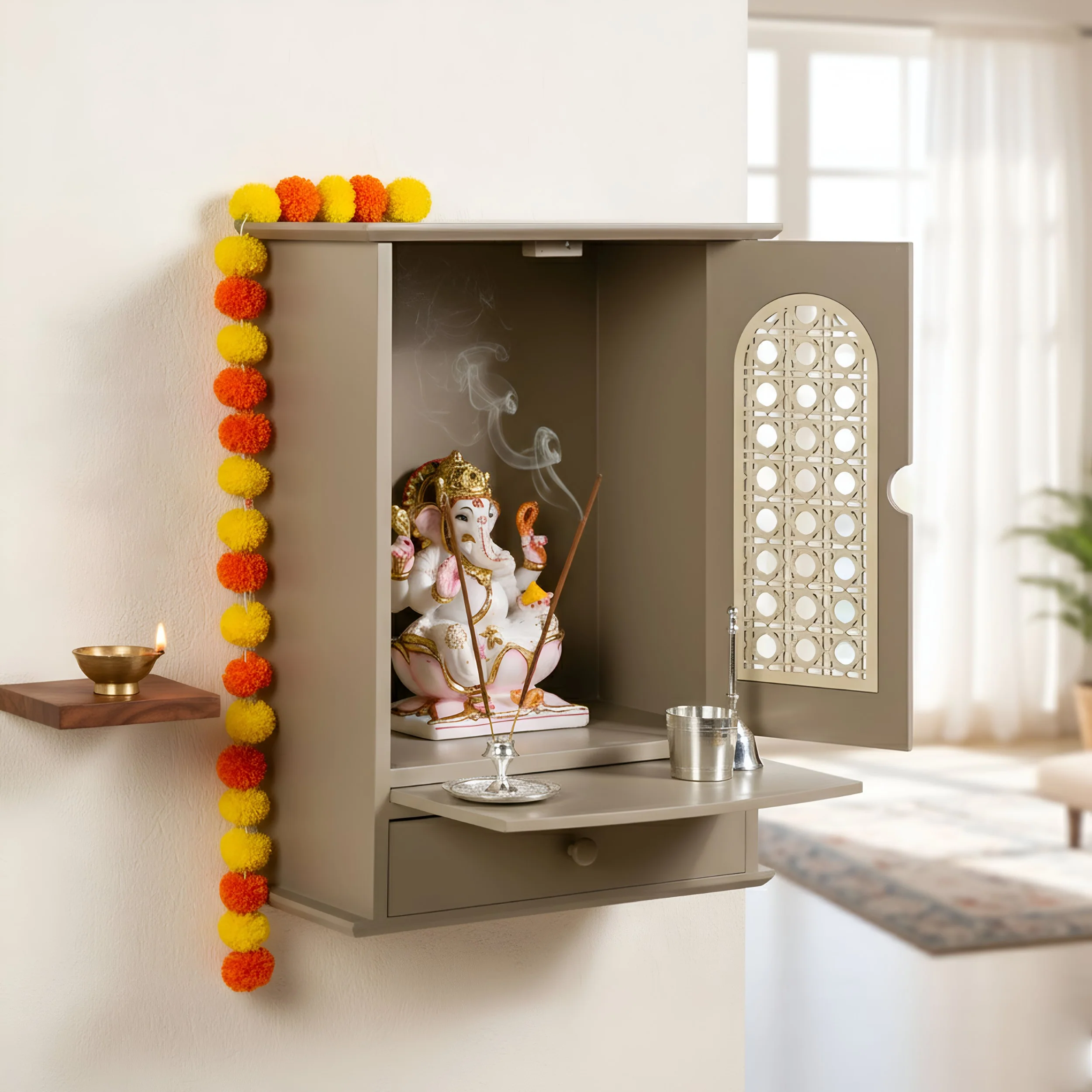 Modern Puja Mandir With Doors Medium 33x17x43cm - Image 4