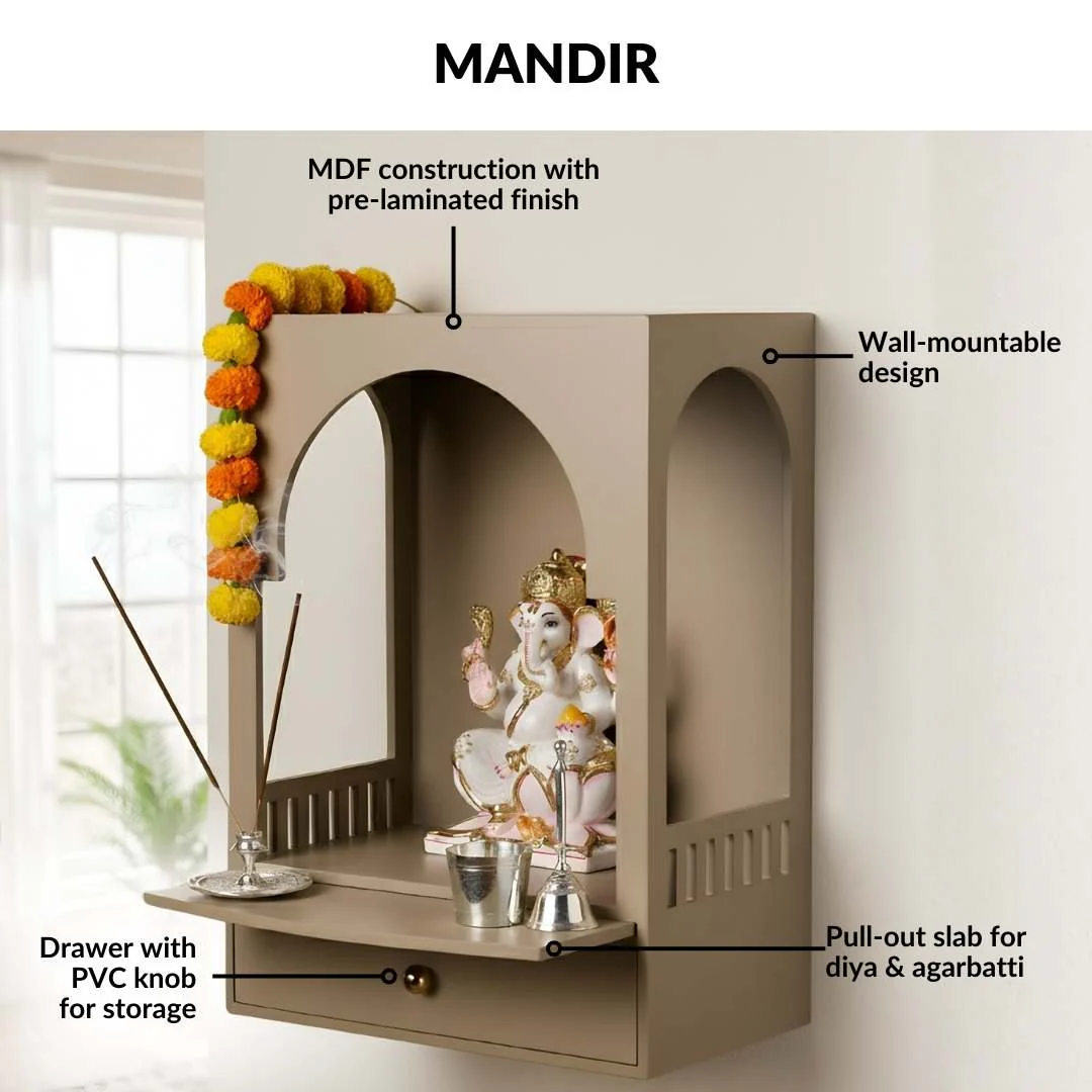 Mountable Mandir Medium With Bell Aasan Ghanti Diya Curtain And Puja Thali - Image 10