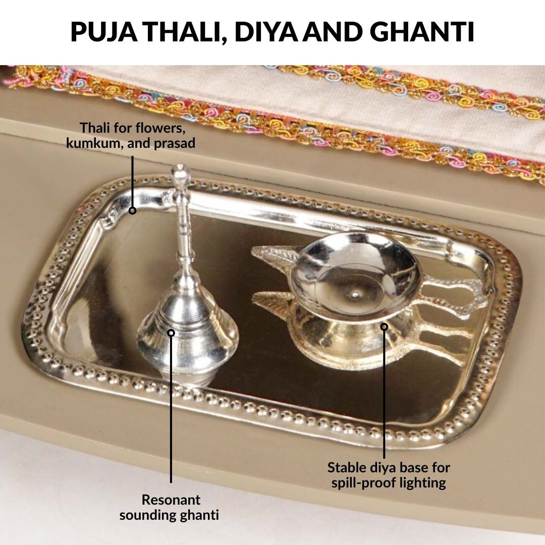 Mountable Mandir Medium With Bell Aasan Ghanti Diya Curtain And Puja Thali - Image 7