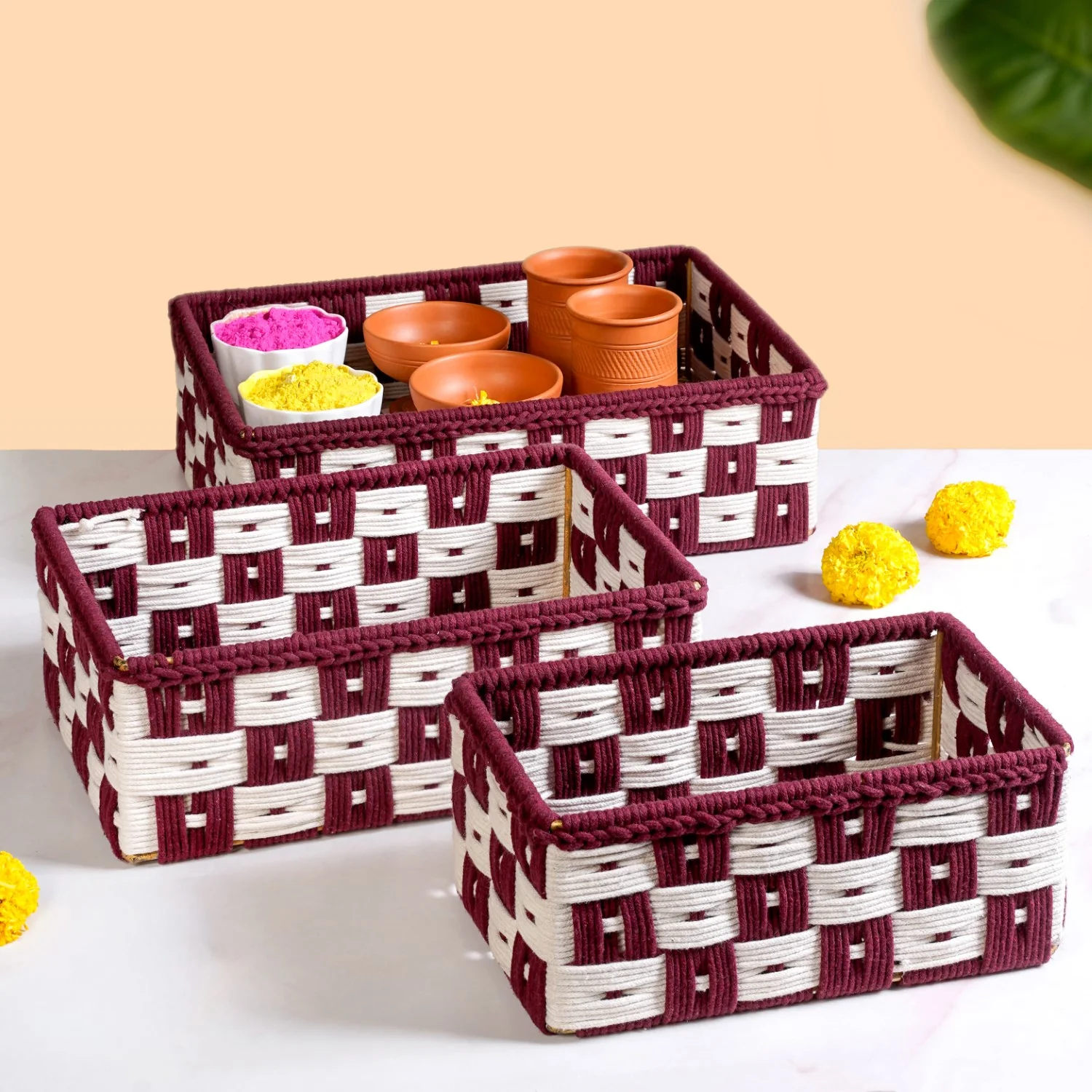Multipurpose Storage Basket Set Of 3 Burgundy - Image 2
