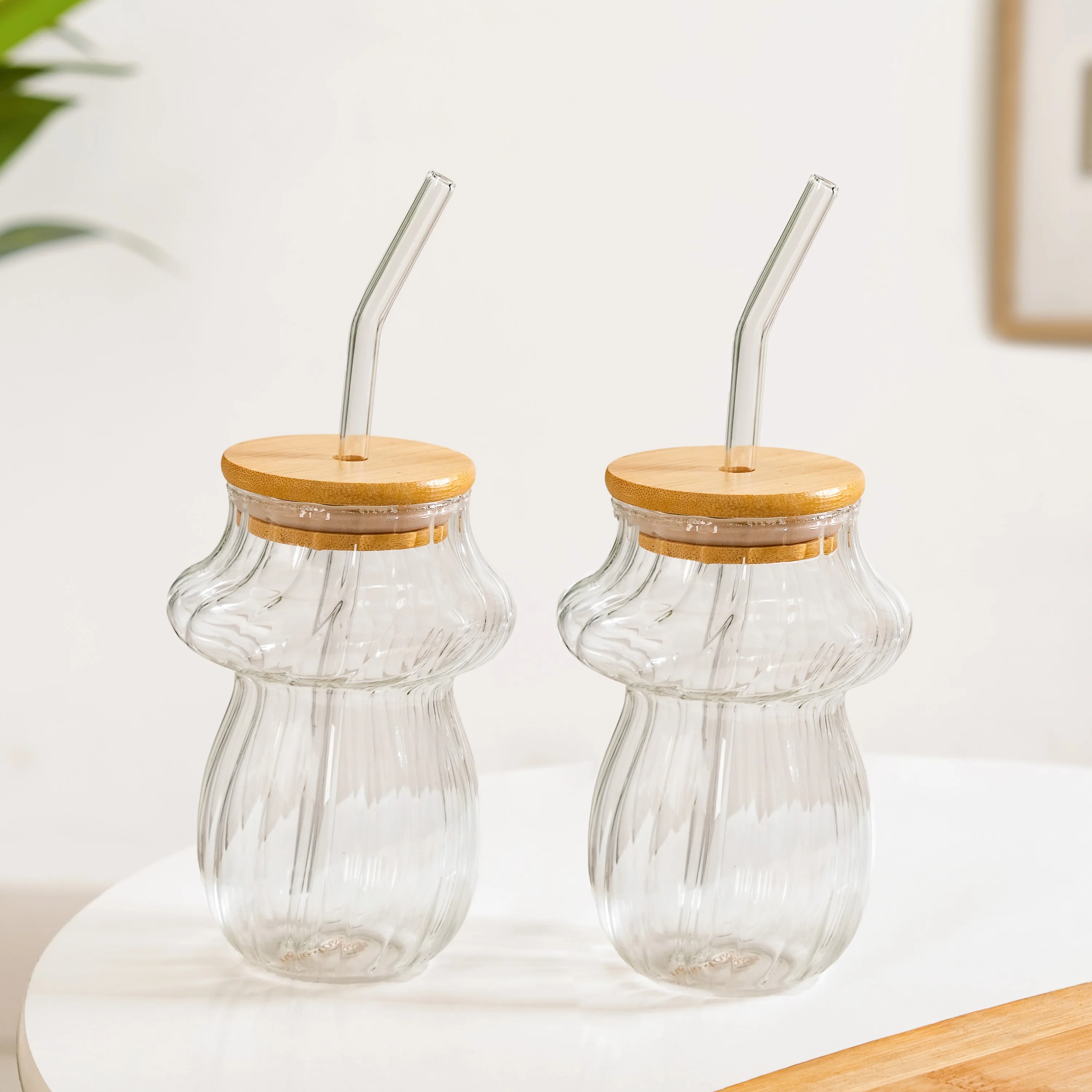 Mushroom Borosilicate Glass Tumbler Set Of 2 With Straw 500ml - Image 2