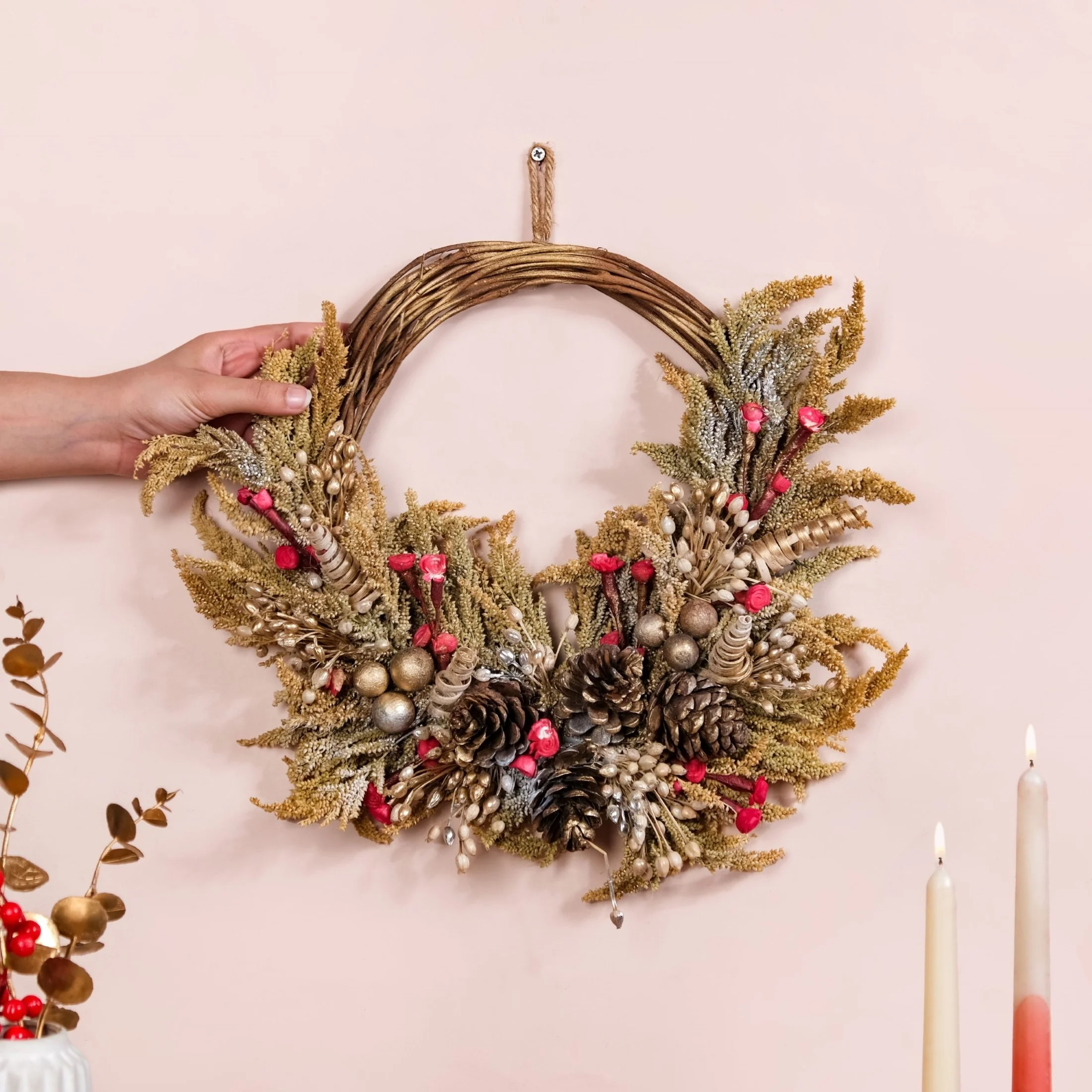 Natural Dried Flowers Rustic Red Wreath - Image 2