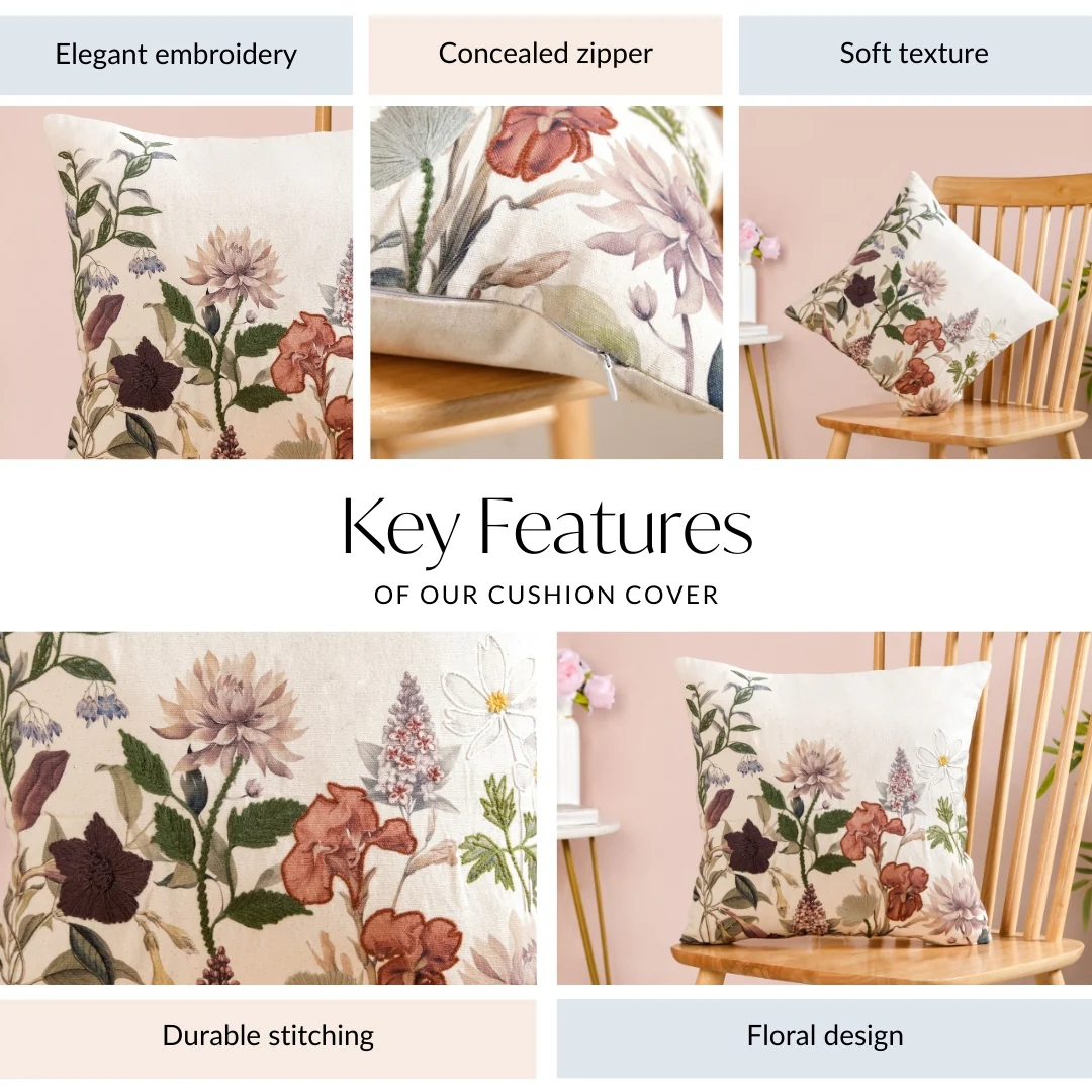 Nature Bloom Embroidered Cotton Cushion Cover 40x40cm - Image 4