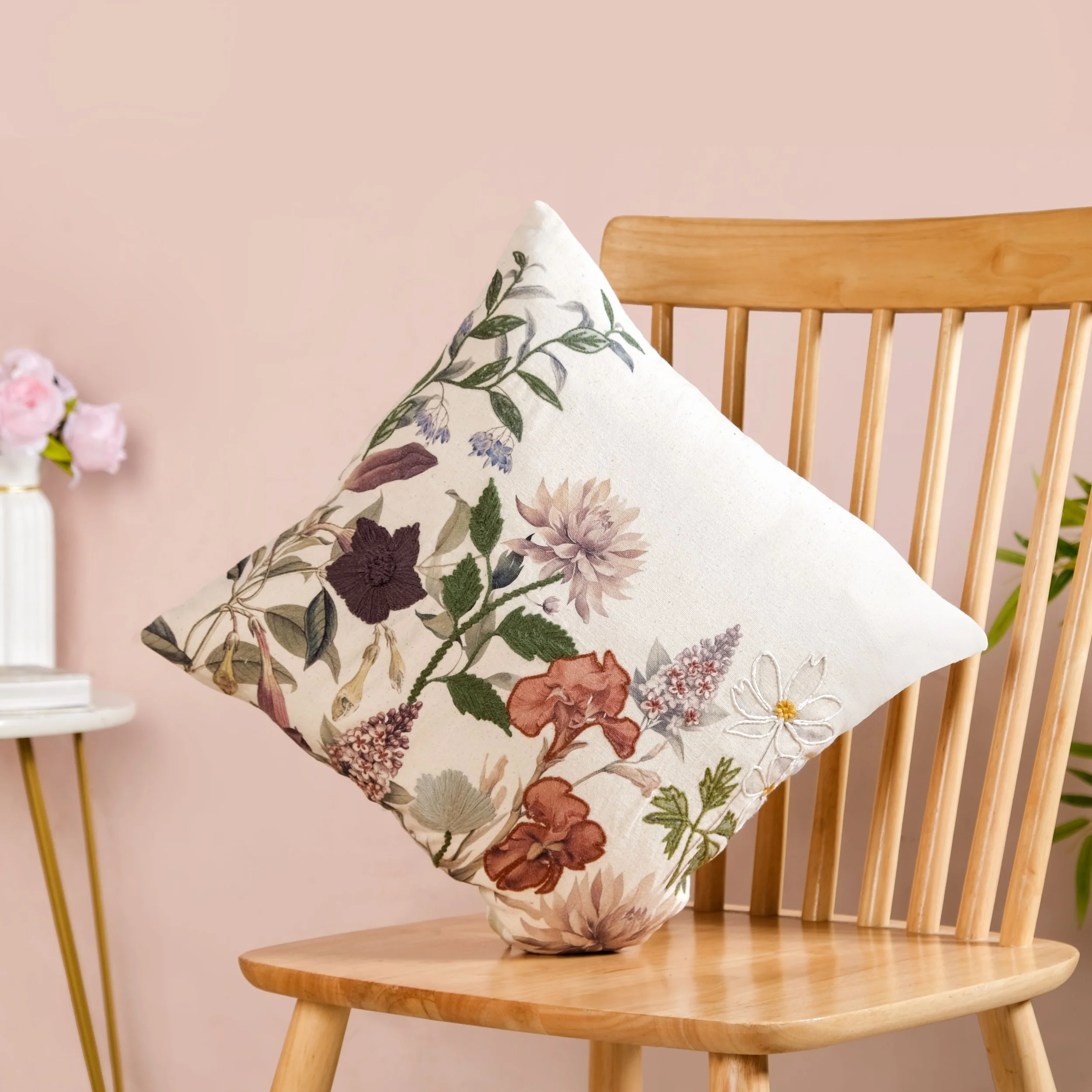 Nature Bloom Embroidered Cotton Cushion Cover 40x40cm - Image 8