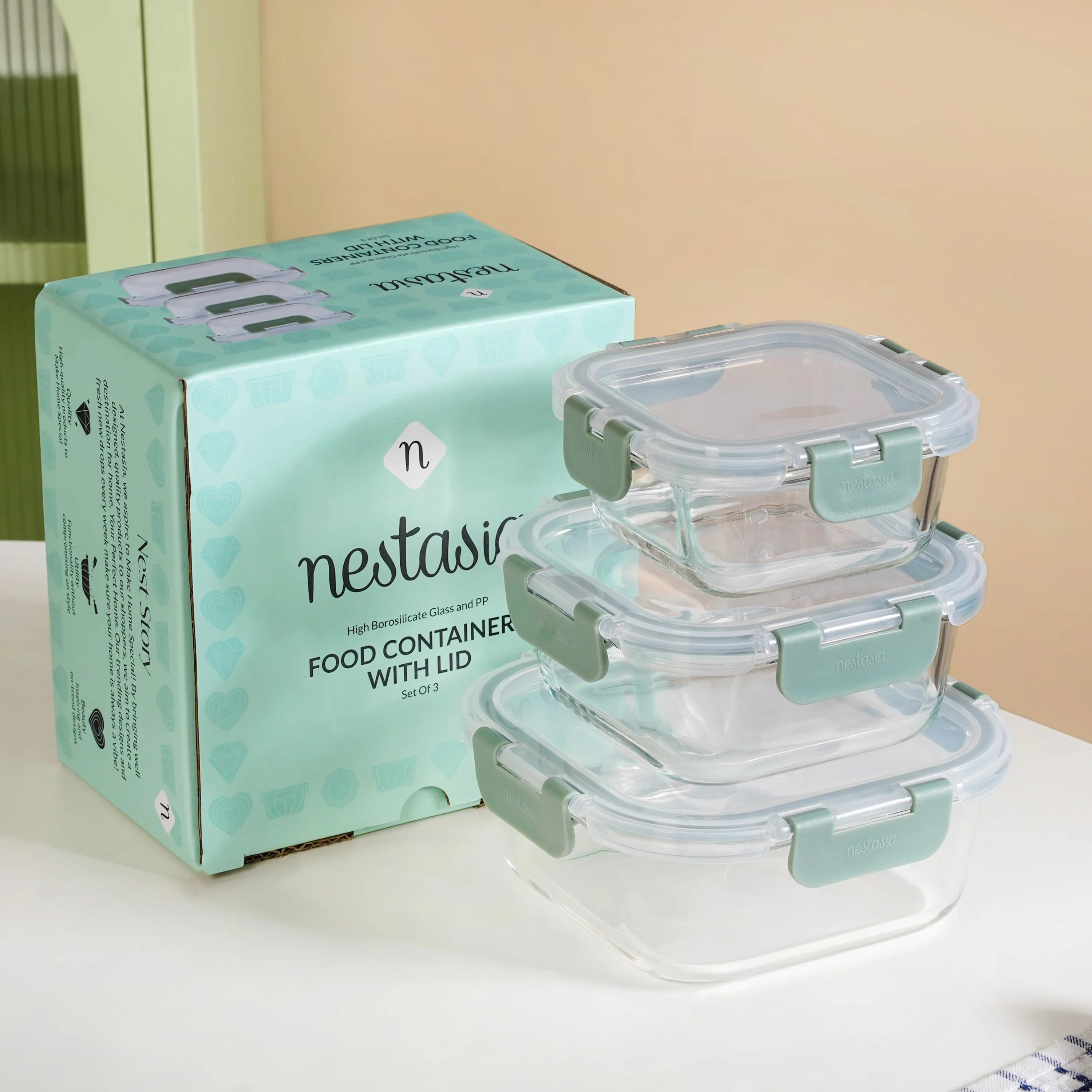 Nestro Airtight Clip Lock Containers Set Of 3 Square Sage Green 300ml 500ml 800ml - Image 2