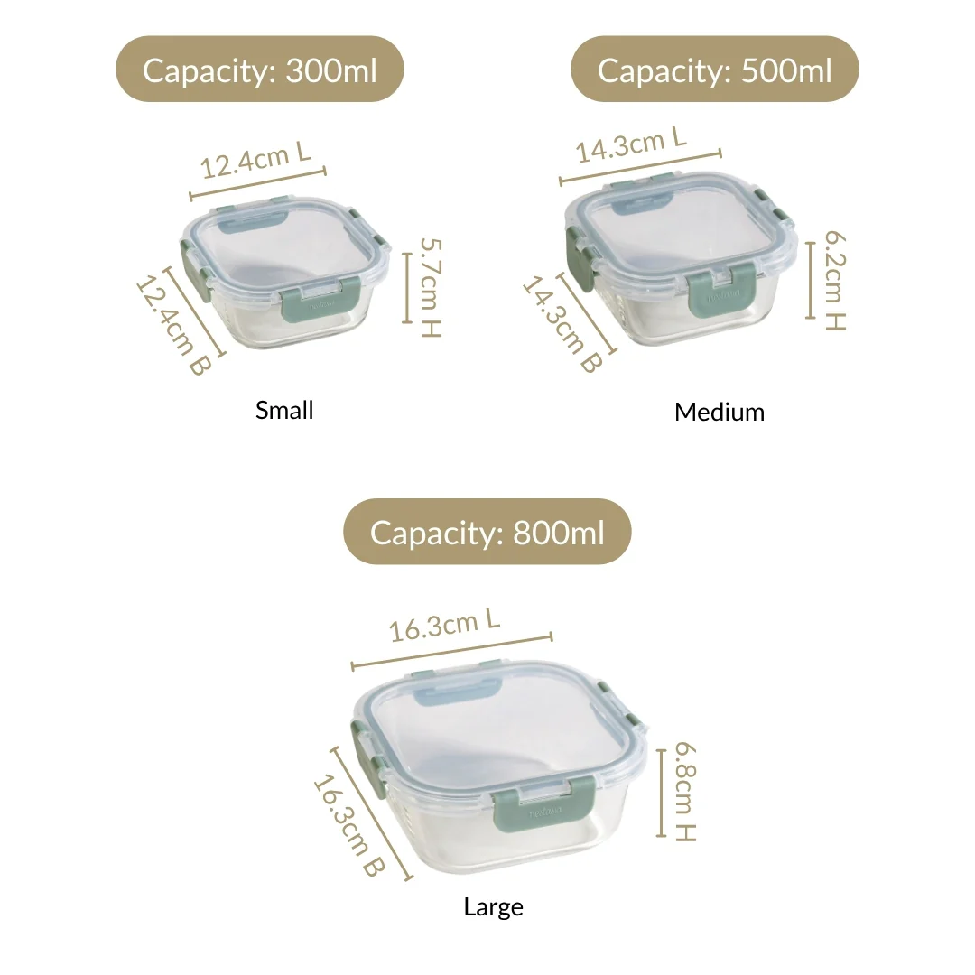 Nestro Airtight Clip Lock Containers Set Of 3 Square Sage Green 300ml 500ml 800ml - Image 4