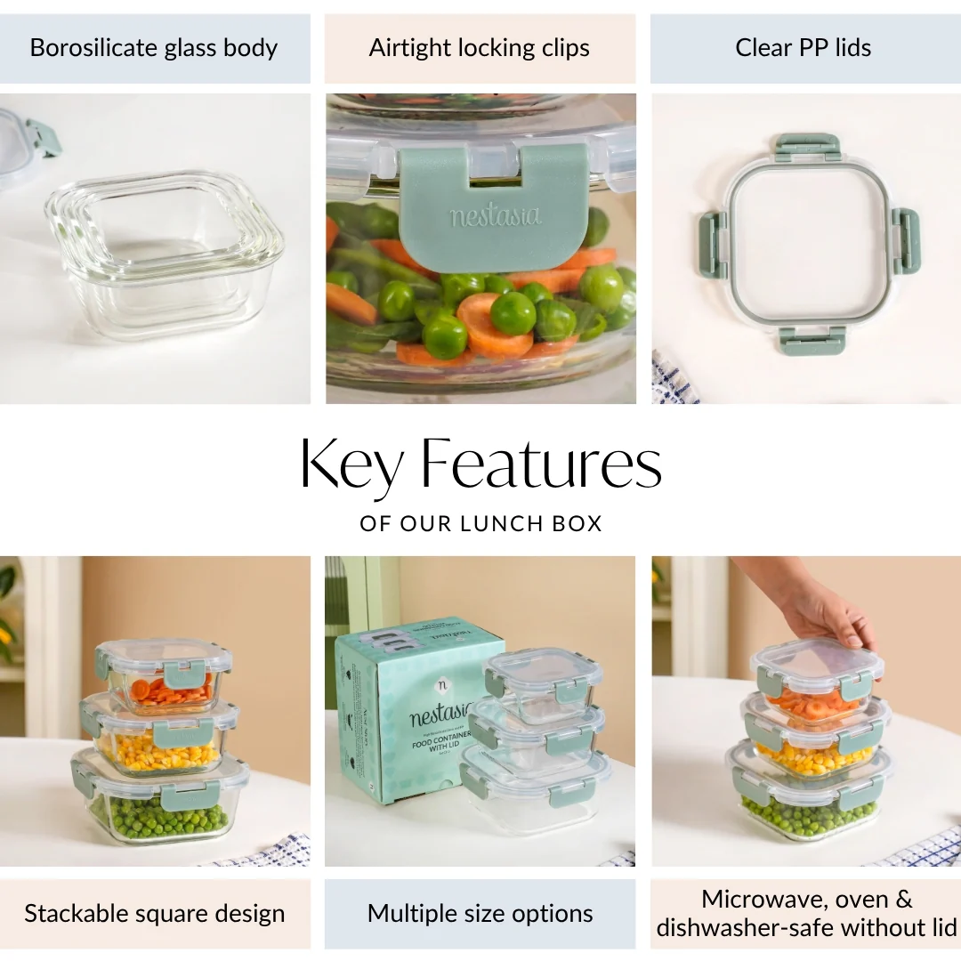 Nestro Airtight Clip Lock Containers Set Of 3 Square Sage Green 300ml 500ml 800ml - Image 5