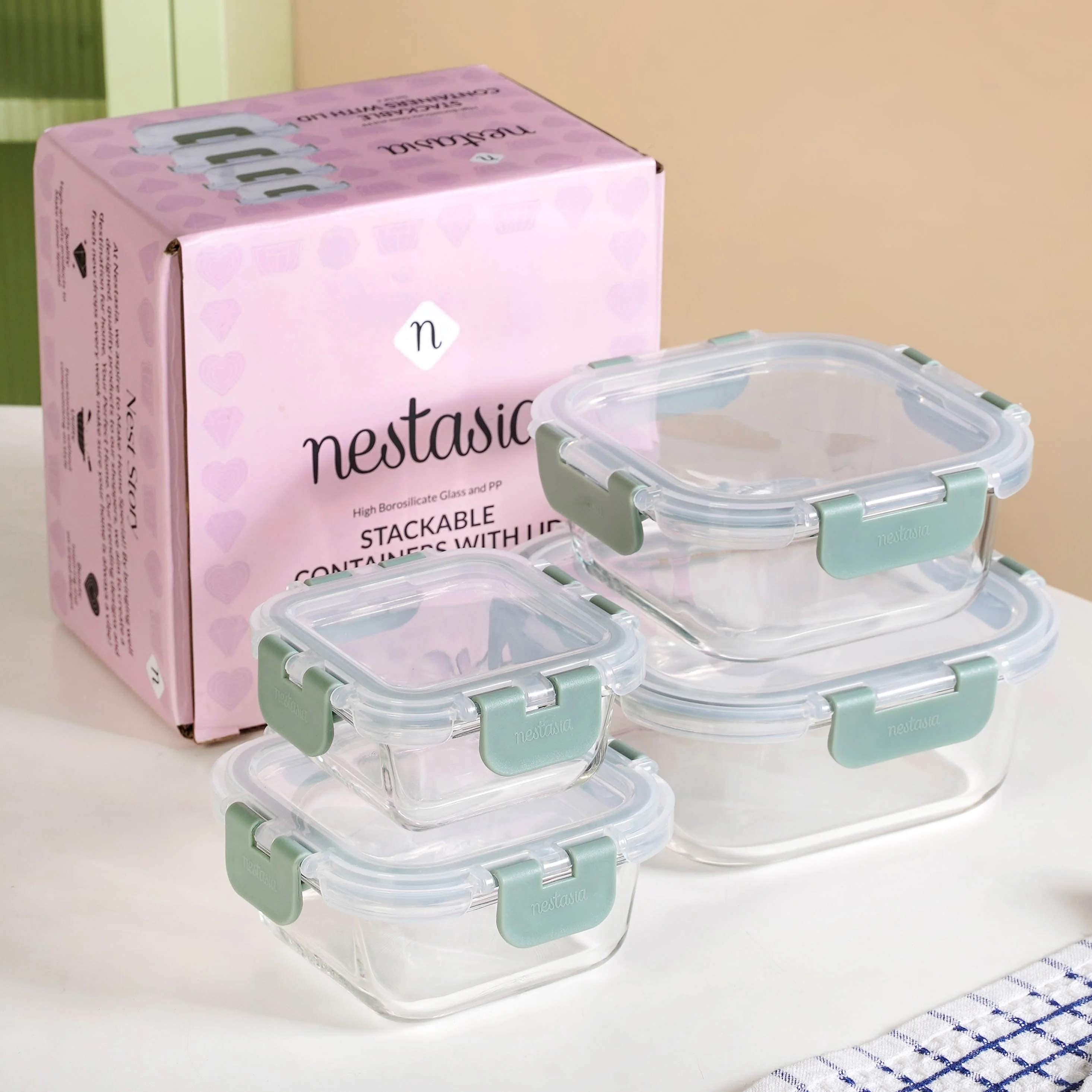 Nestro Airtight Clip Lock Containers Set Of 4 Square Sage Green 160ml 300ml 500ml 800ml - Image 2