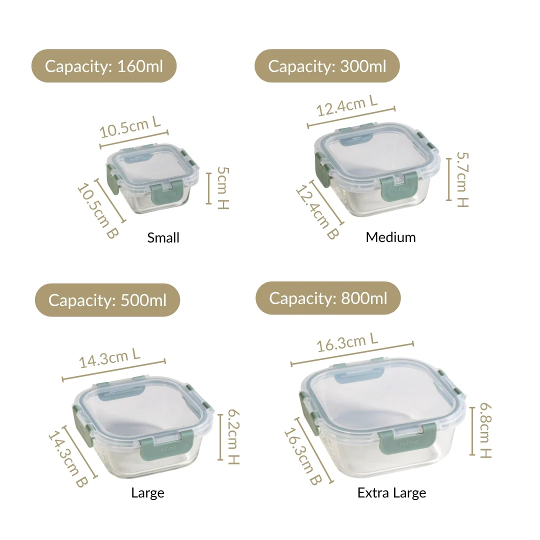 Nestro Airtight Clip Lock Containers Set Of 4 Square Sage Green 160ml 300ml 500ml 800ml - Image 4