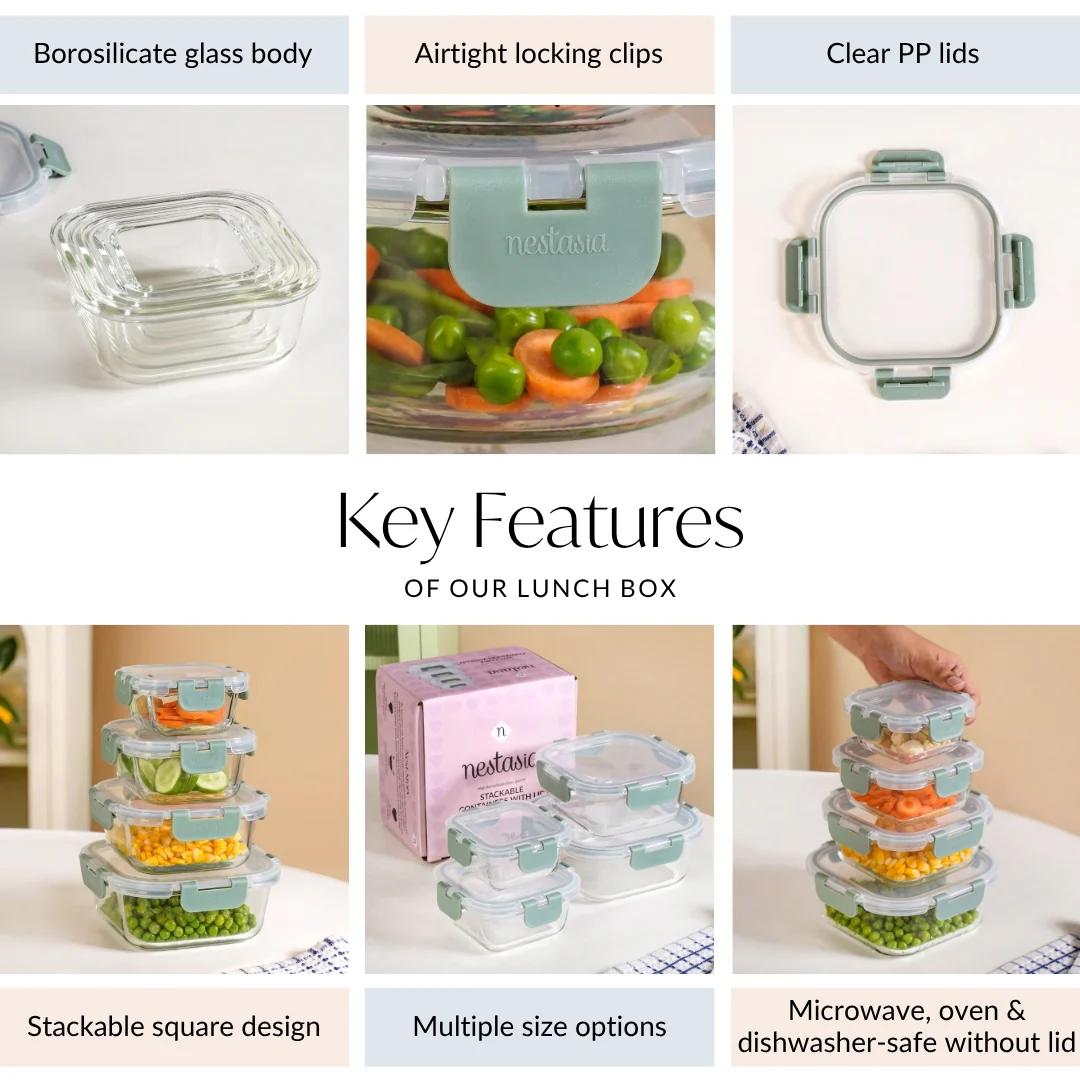 Nestro Airtight Clip Lock Containers Set Of 4 Square Sage Green 160ml 300ml 500ml 800ml - Image 5