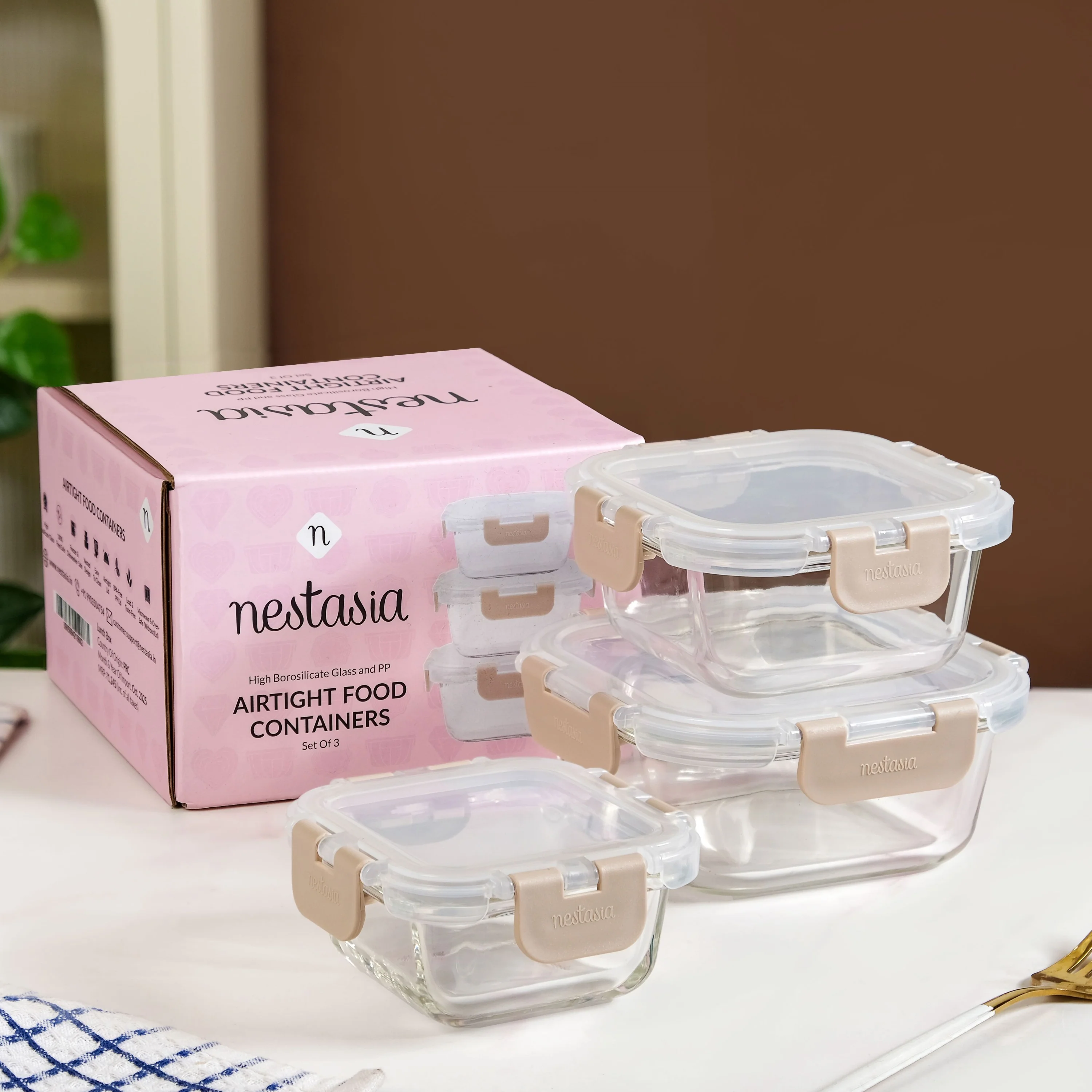 Nestro Airtight Containers Set Of 3 Square Beige 160ml 300ml 500ml - Image 2