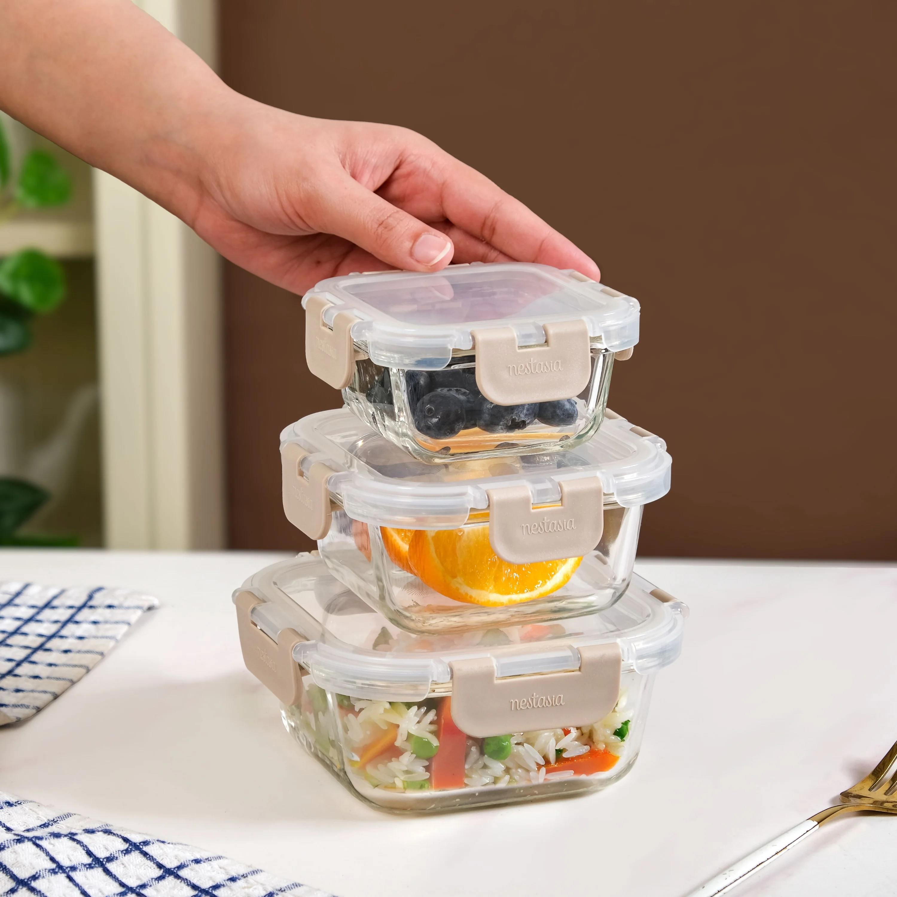 Nestro Airtight Containers Set Of 3 Square Beige 160ml 300ml 500ml - Image 3