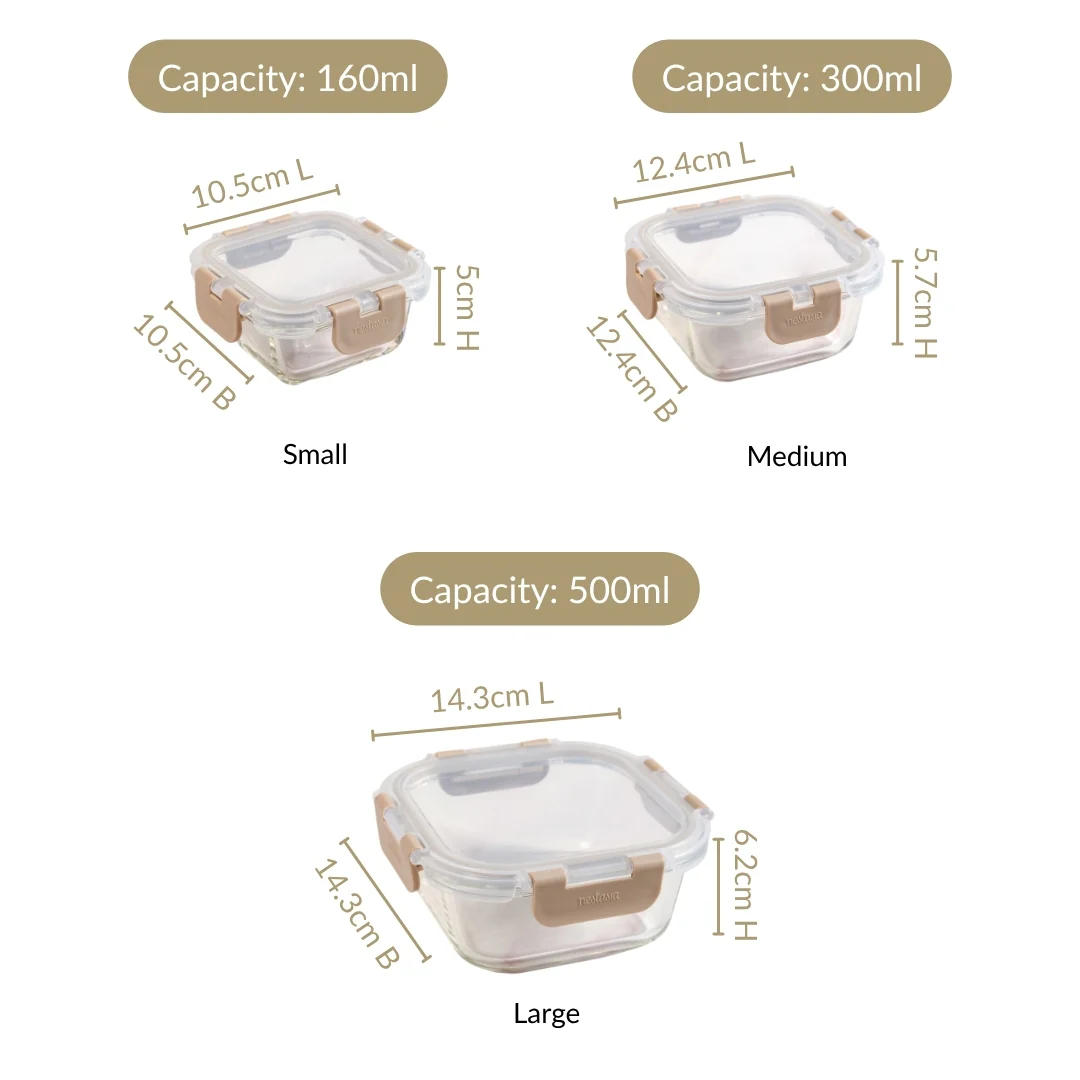 Nestro Airtight Containers Set Of 3 Square Beige 160ml 300ml 500ml - Image 4