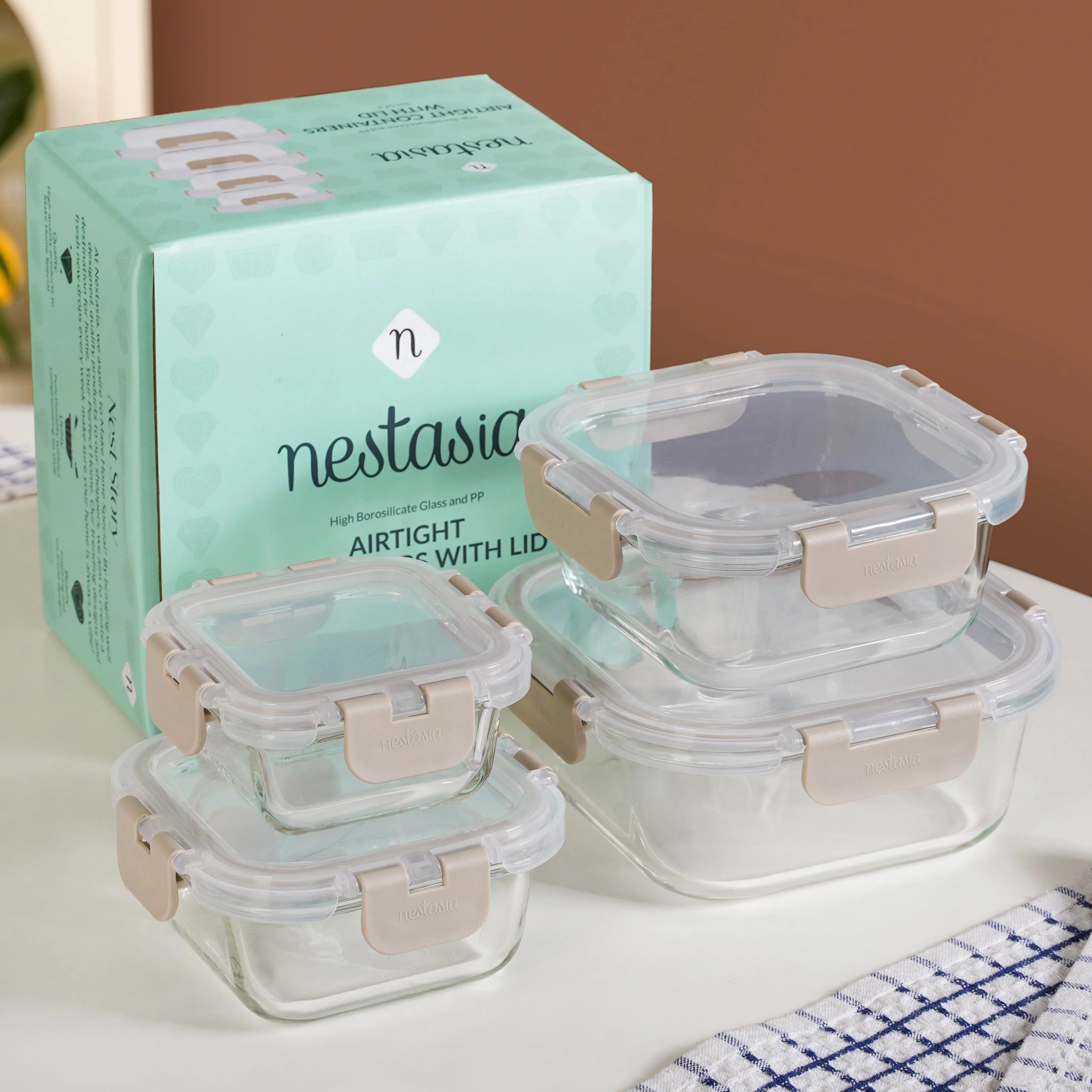 Nestro Airtight Containers Set Of 4 Square Beige 160ml 300ml 500ml 800ml - Image 2