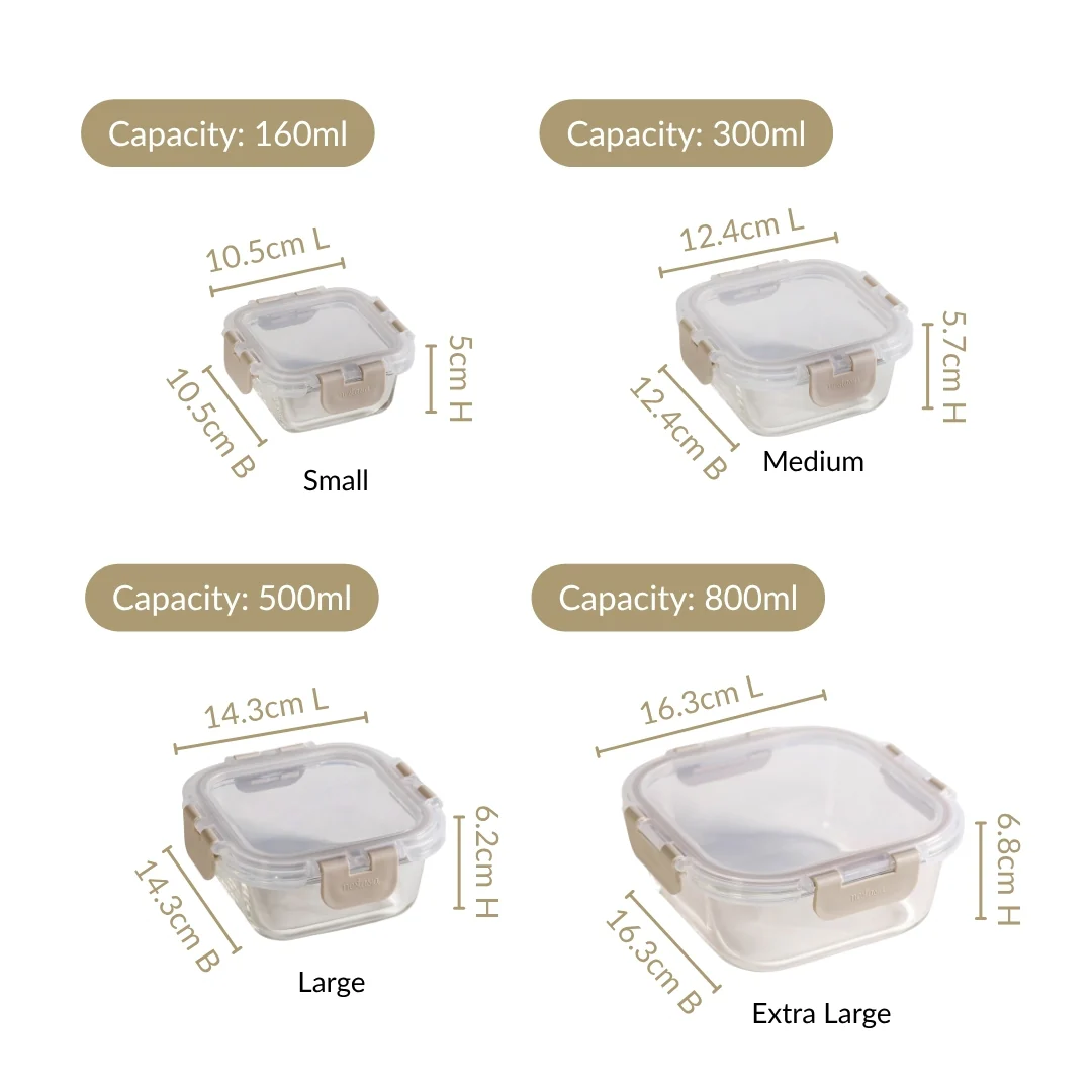 Nestro Airtight Containers Set Of 4 Square Beige 160ml 300ml 500ml 800ml - Image 4