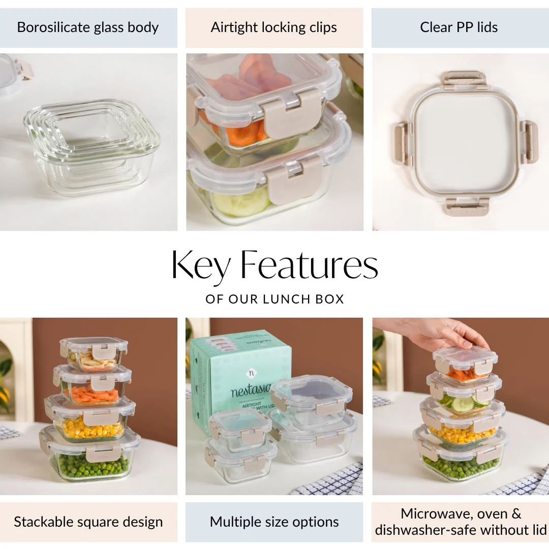 Nestro Airtight Containers Set Of 4 Square Beige 160ml 300ml 500ml 800ml - Image 5