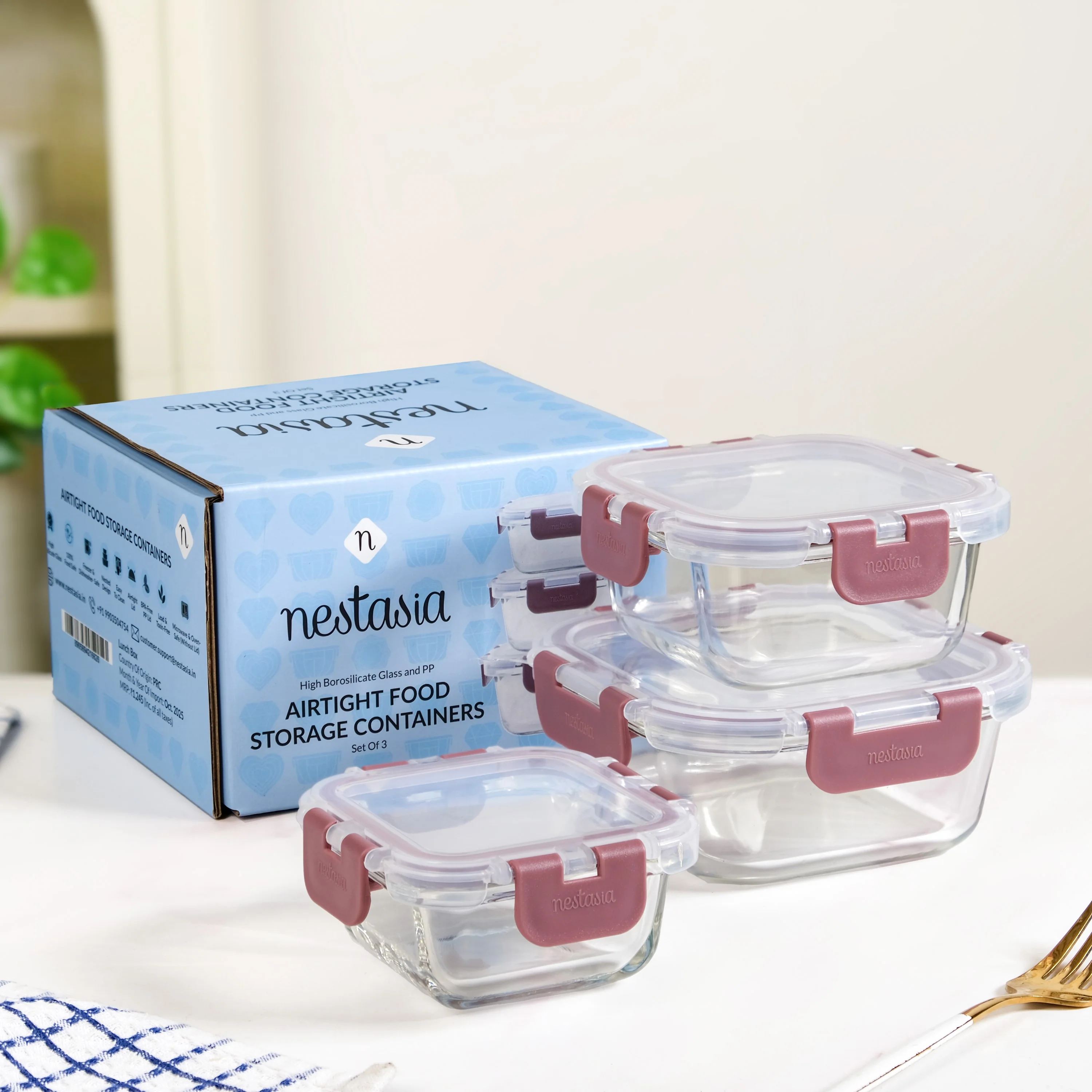 Nestro Airtight Food Storage Containers Square Set Of 3 Magenta 160ml 300ml 500ml - Image 2